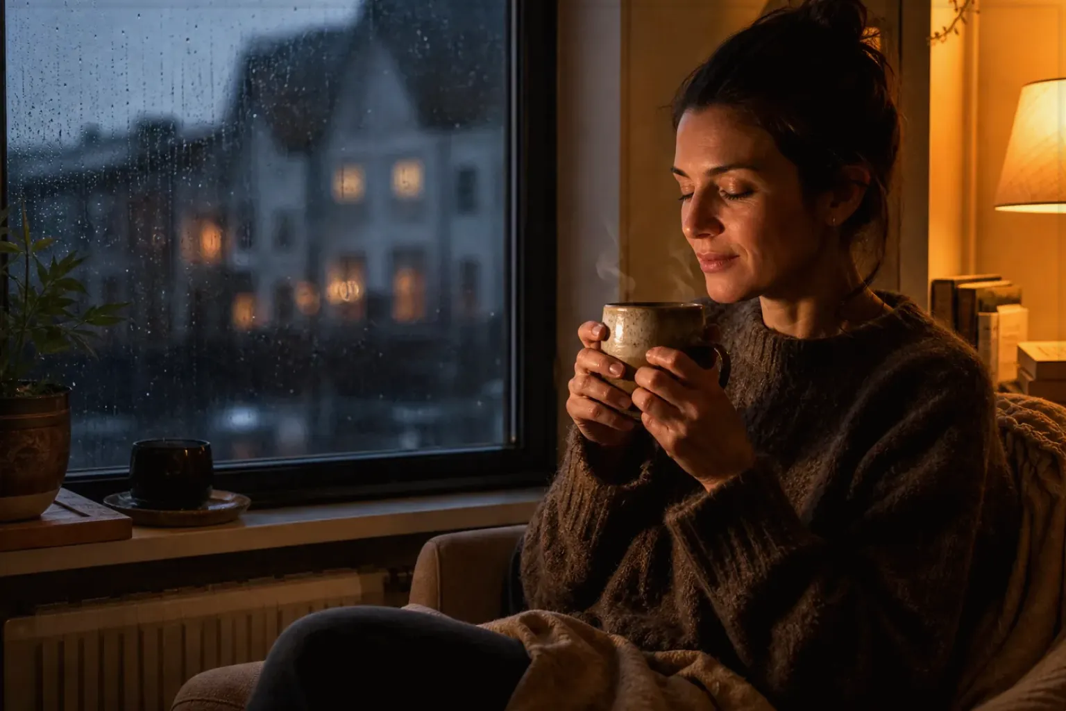 Eine Frau genießt an einem regnerischen Abend ruhig eine warme Tasse Kaffee am Fenster – gezeigt für Melitta im Markenprofil.