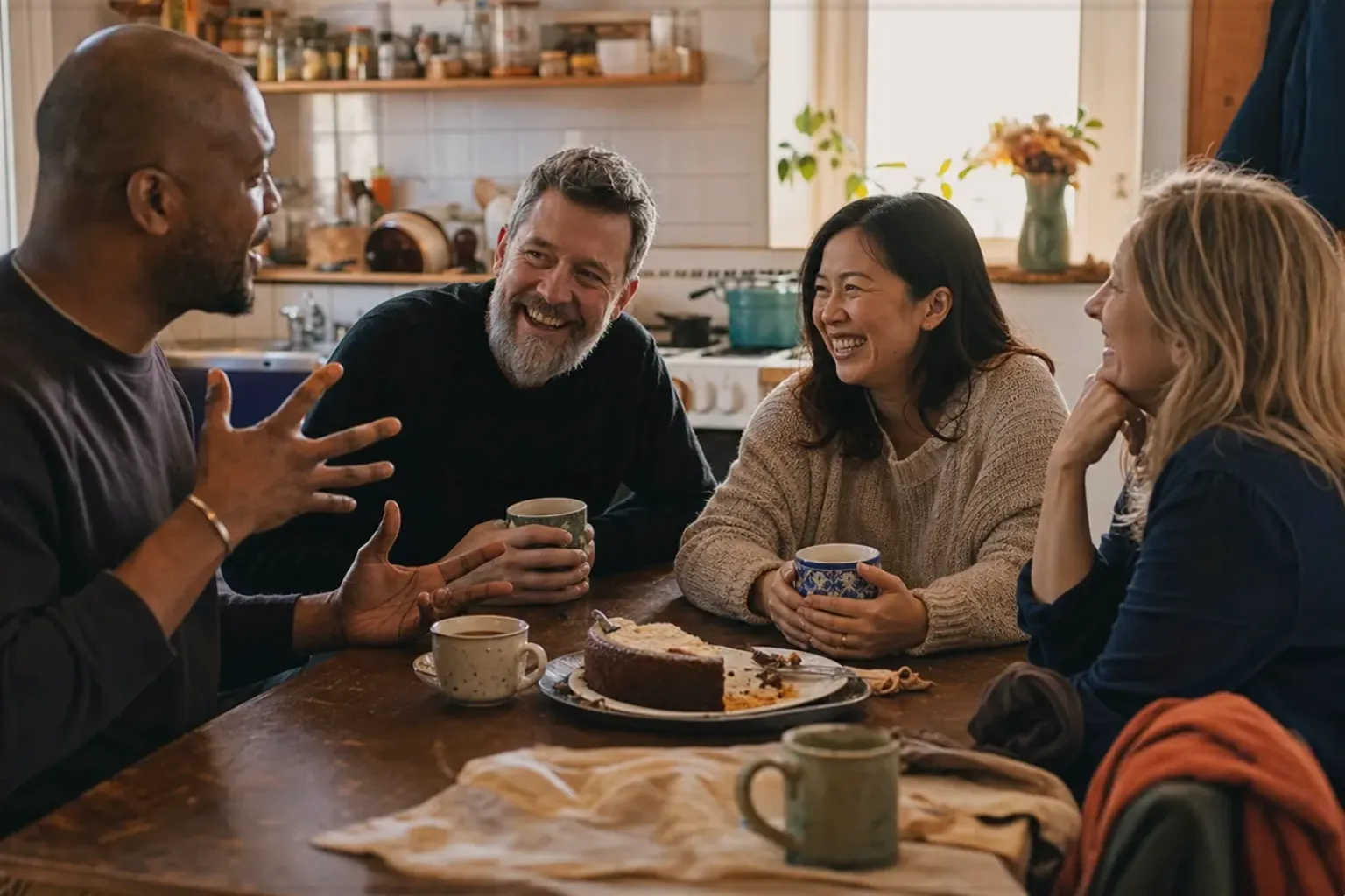 Vier erwachsene Freunde verschiedener Altersgruppen lachen gemeinsam bei Kaffee und selbst gebackenem Kuchen – gezeigt für Melitta im Markenprofil.
