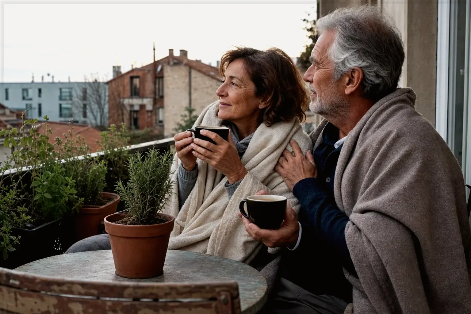 Ein älteres Paar teilt am frühen Morgen Kaffee auf einem kleinen Balkon – gezeigt für Melitta im Markenprofil.