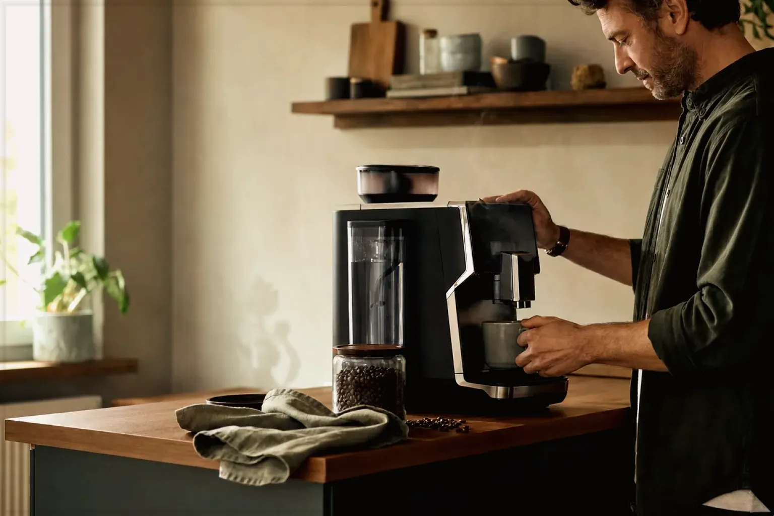 Ein Mann bereitet morgens Kaffee in seiner Küche zu – gezeigt für Melitta im Markenprofil.