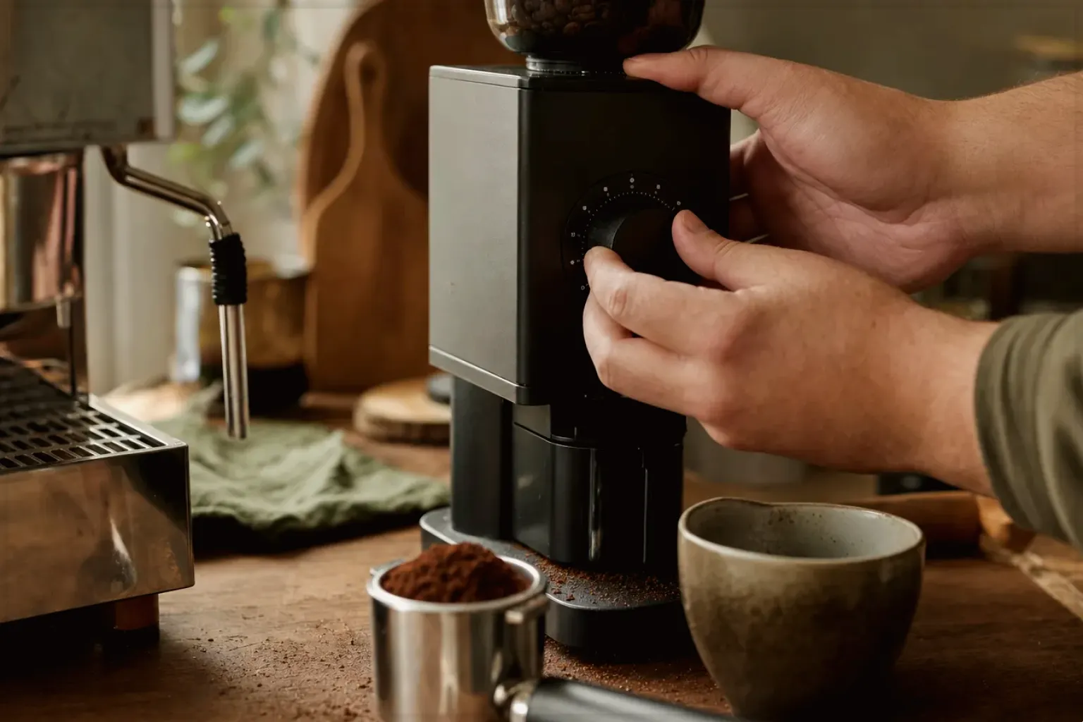 Zwei Hände stellen den Mahlgrad an einer Kaffeemühle neben einer Espressomaschine ein – gezeigt für Melitta im Markenprofil.
