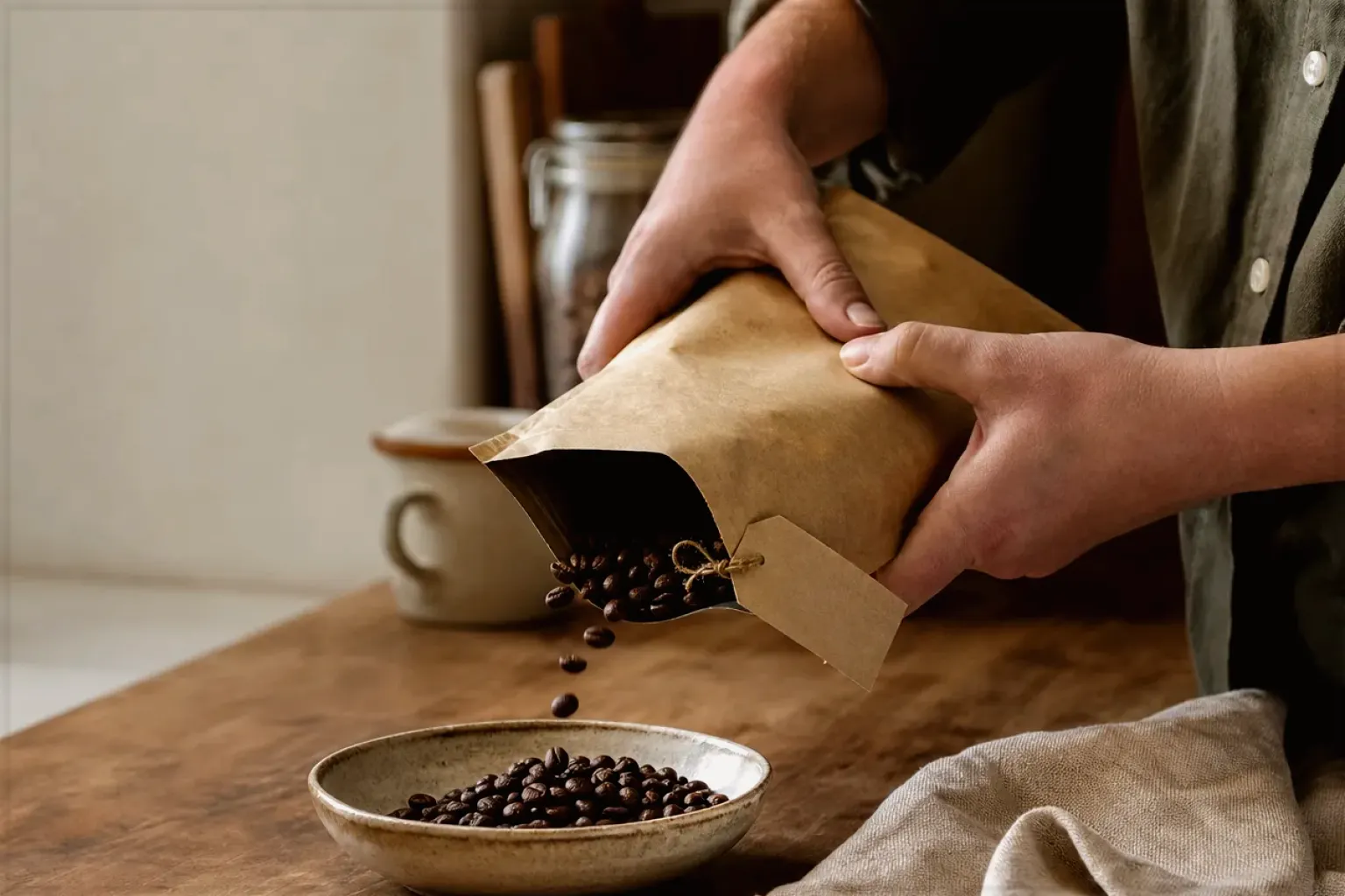 Hände füllen frisch geröstete Kaffeebohnen aus einer Papiertüte in eine Keramikschale – gezeigt für Melitta im Markenprofil.
