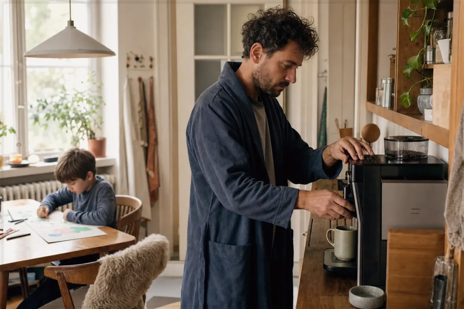 Ein Vater bereitet morgens Kaffee zu, während sein Kind am Küchentisch malt – gezeigt für Melitta im Markenprofil.