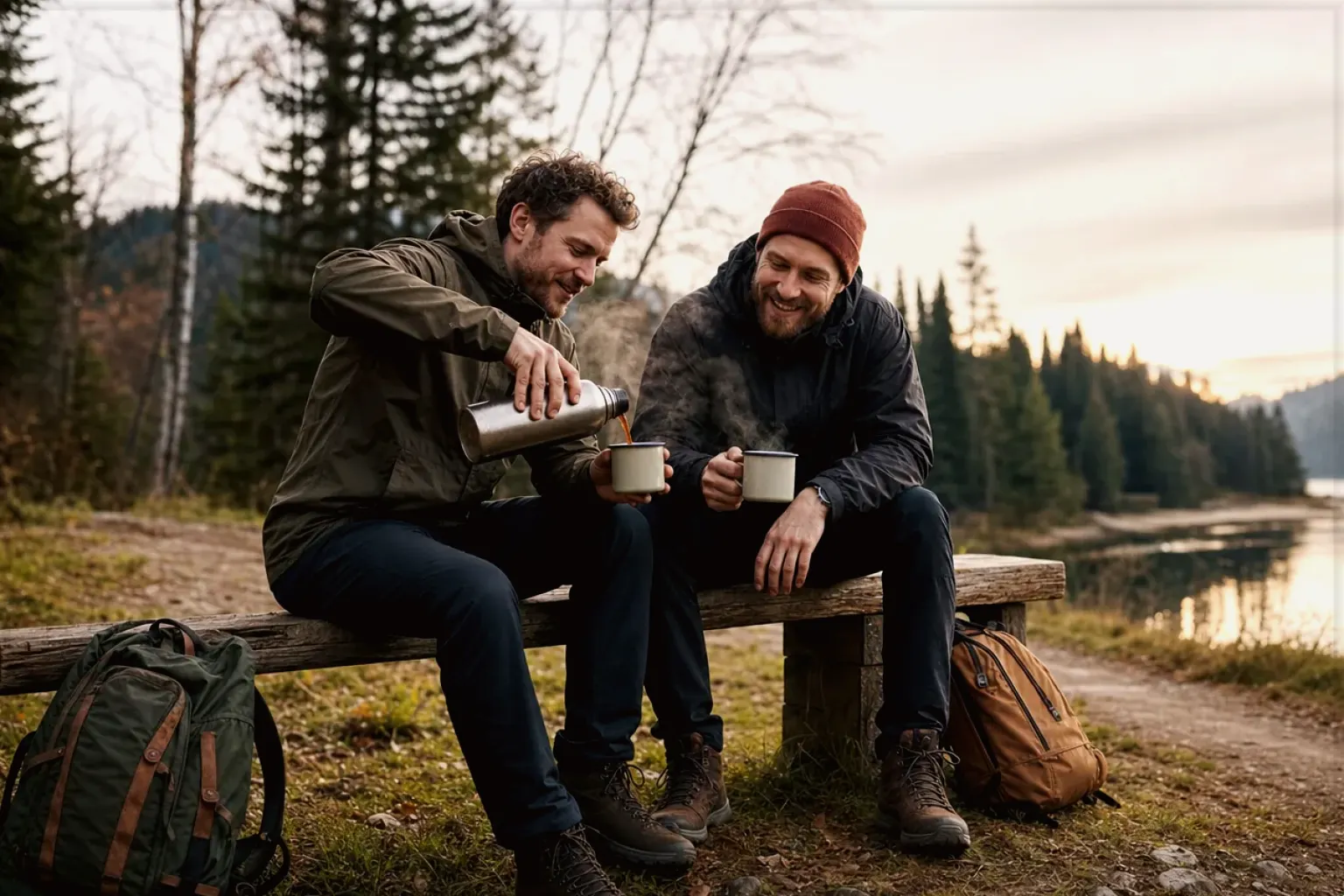 Zwei Freunde teilen auf einer Wanderung heißen Kaffee aus einer Thermoskanne am See – gezeigt für Melitta im Markenprofil.