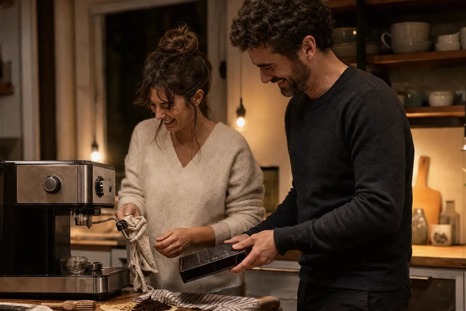 Ein Paar reinigt am Abend gemeinsam und gut gelaunt seine Espressomaschine in der Küche – gezeigt für Melitta im Markenprofil.