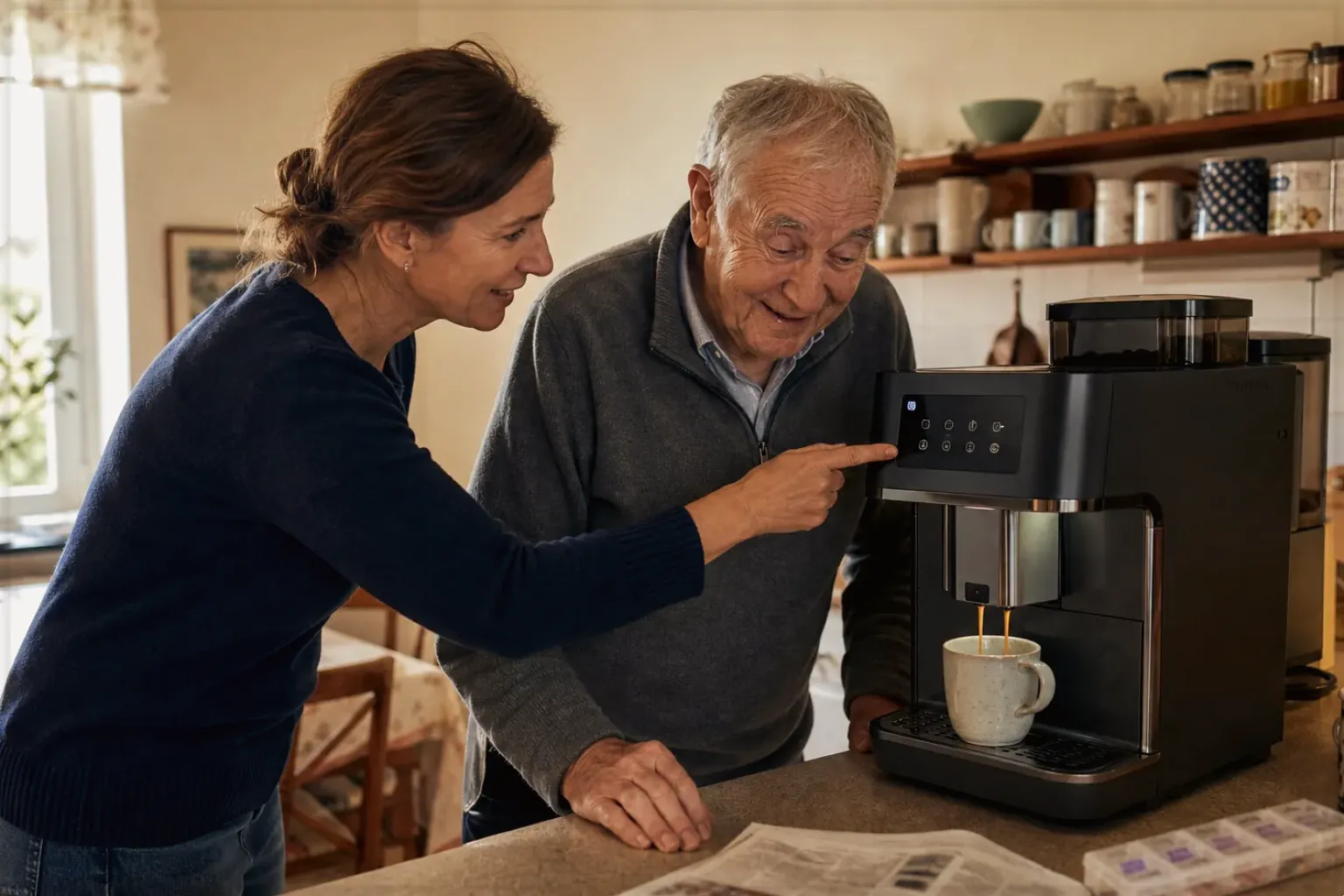 Eine erwachsene Tochter erklärt ihrem Vater verständlich die Bedienung eines Kaffeevollautomaten.