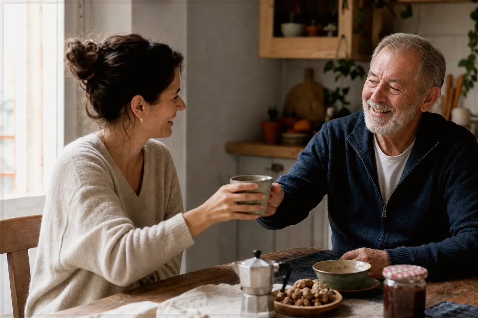 Eine erwachsene Tochter und ihr älterer Vater lachen gemeinsam beim Kaffee in ihrer bewohnten Küche – gezeigt für Mount Hagen im Markenprofil.