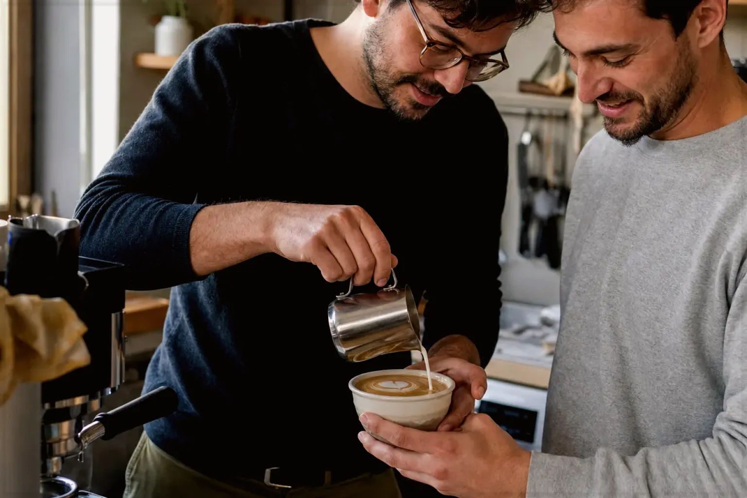 Zwei erwachsene Freunde freuen sich in einer kleinen Küche über ihre gemeinsam gegossene Latte Art – gezeigt für Mount Hagen im Markenprofil.