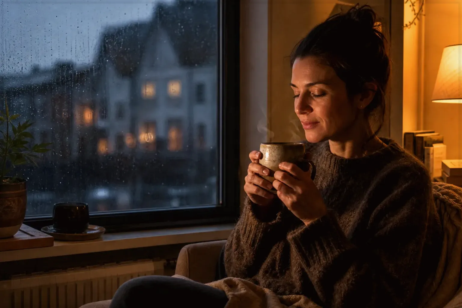Eine Frau genießt an einem regnerischen Abend ruhig eine warme Tasse Kaffee am Fenster – gezeigt für Mount Hagen im Markenprofil.