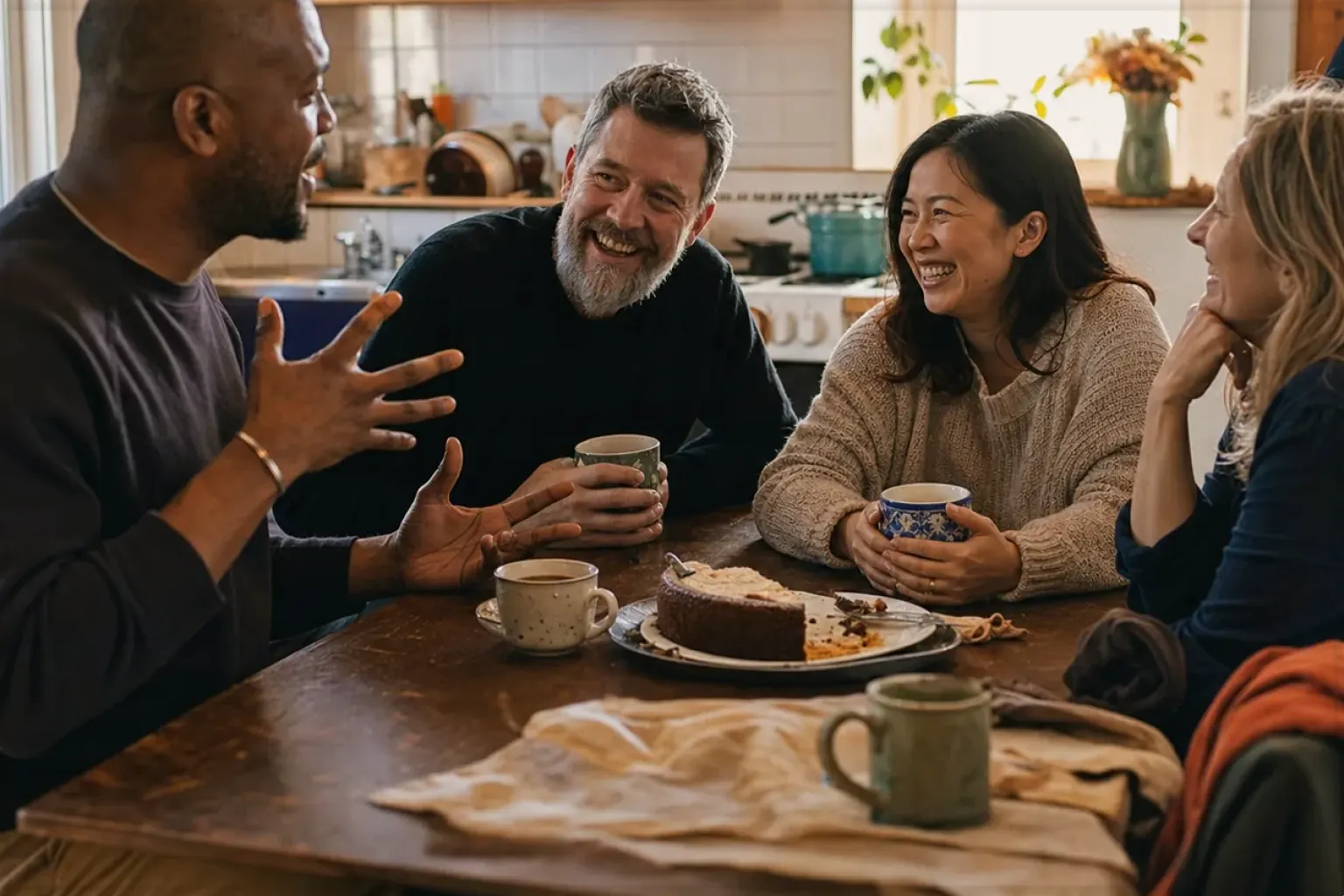 Vier erwachsene Freunde verschiedener Altersgruppen lachen gemeinsam bei Kaffee und selbst gebackenem Kuchen – gezeigt für Mount Hagen im Markenprofil.