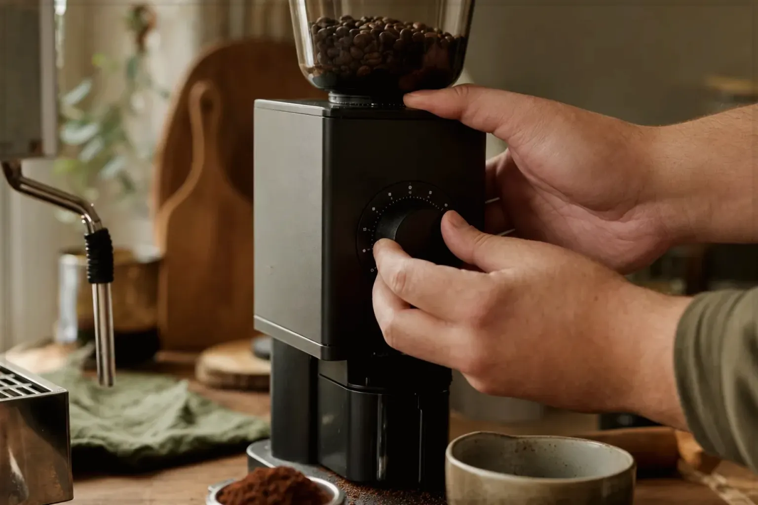 Zwei Hände stellen den Mahlgrad an einer Kaffeemühle neben einer Espressomaschine ein – gezeigt für Mount Hagen im Markenprofil.