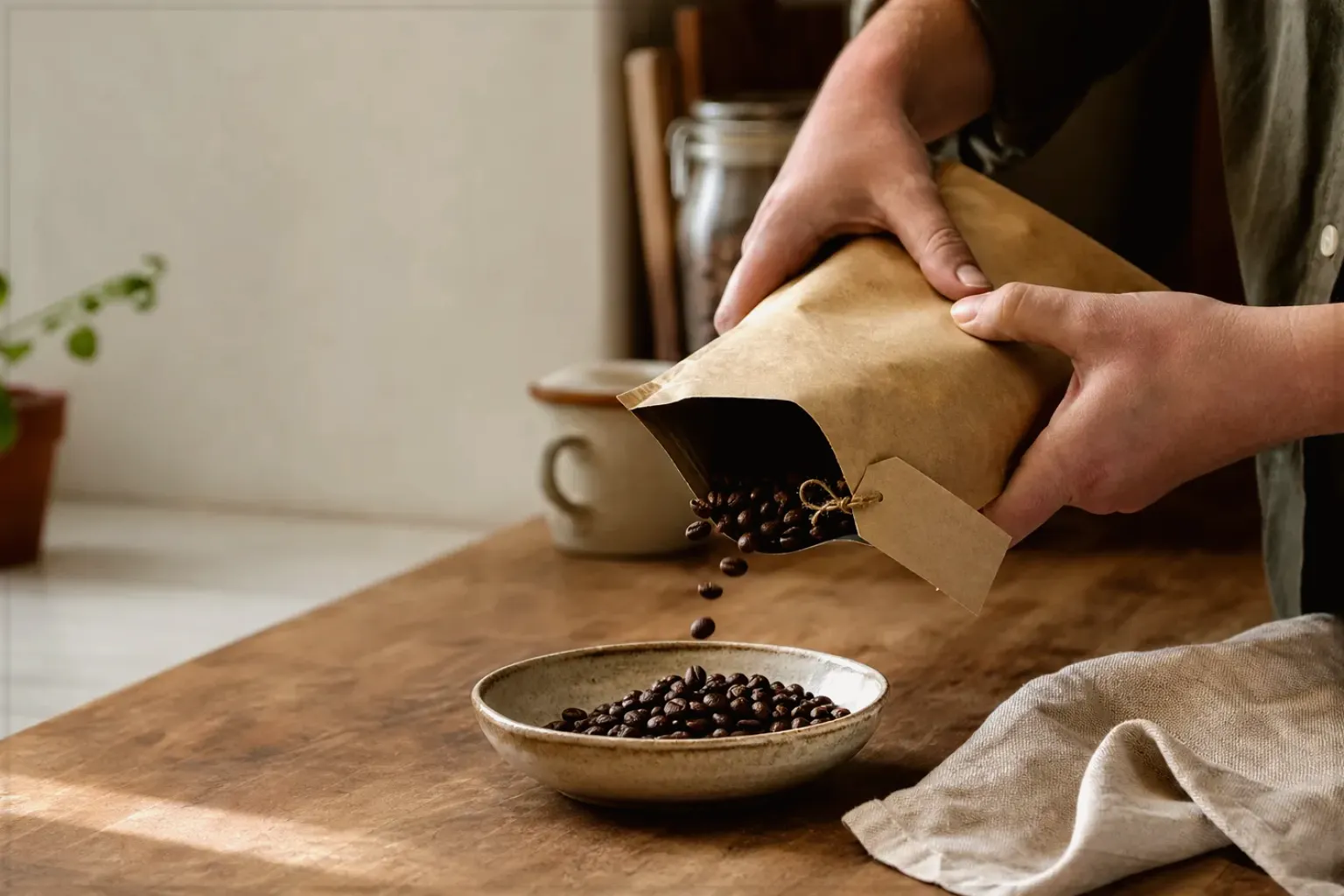 Hände füllen frisch geröstete Kaffeebohnen aus einer Papiertüte in eine Keramikschale – gezeigt für Mount Hagen im Markenprofil.