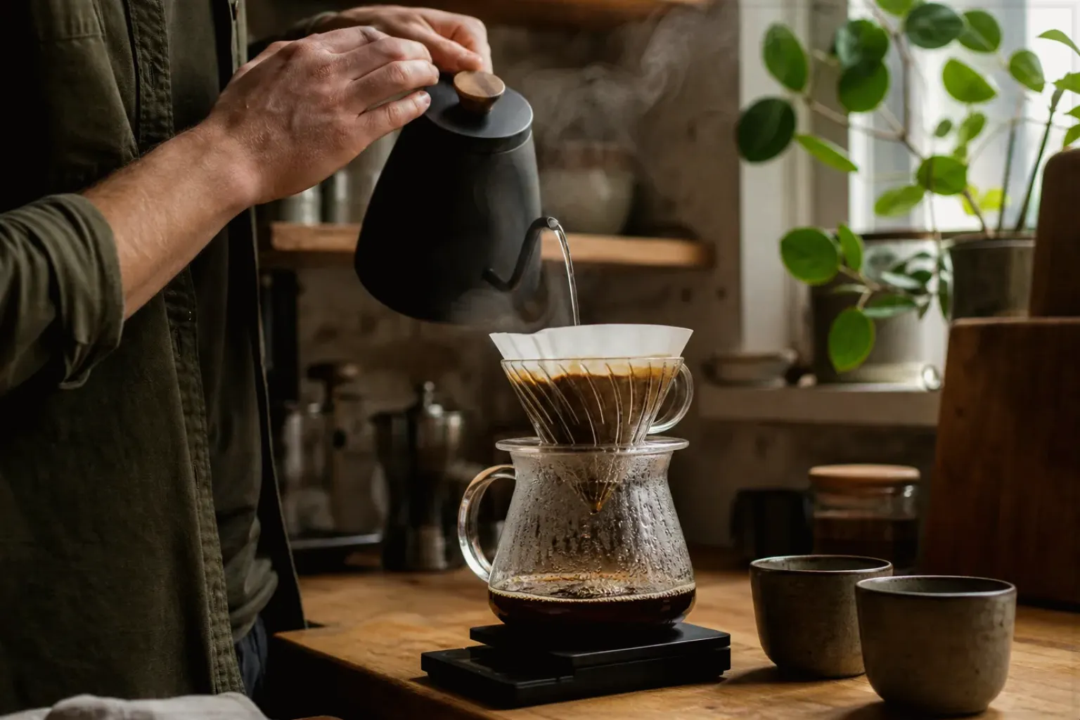 Filterkaffee wird mit einem Schwanenhalskessel von Hand in einer Küche aufgegossen – gezeigt für Mount Hagen im Markenprofil.
