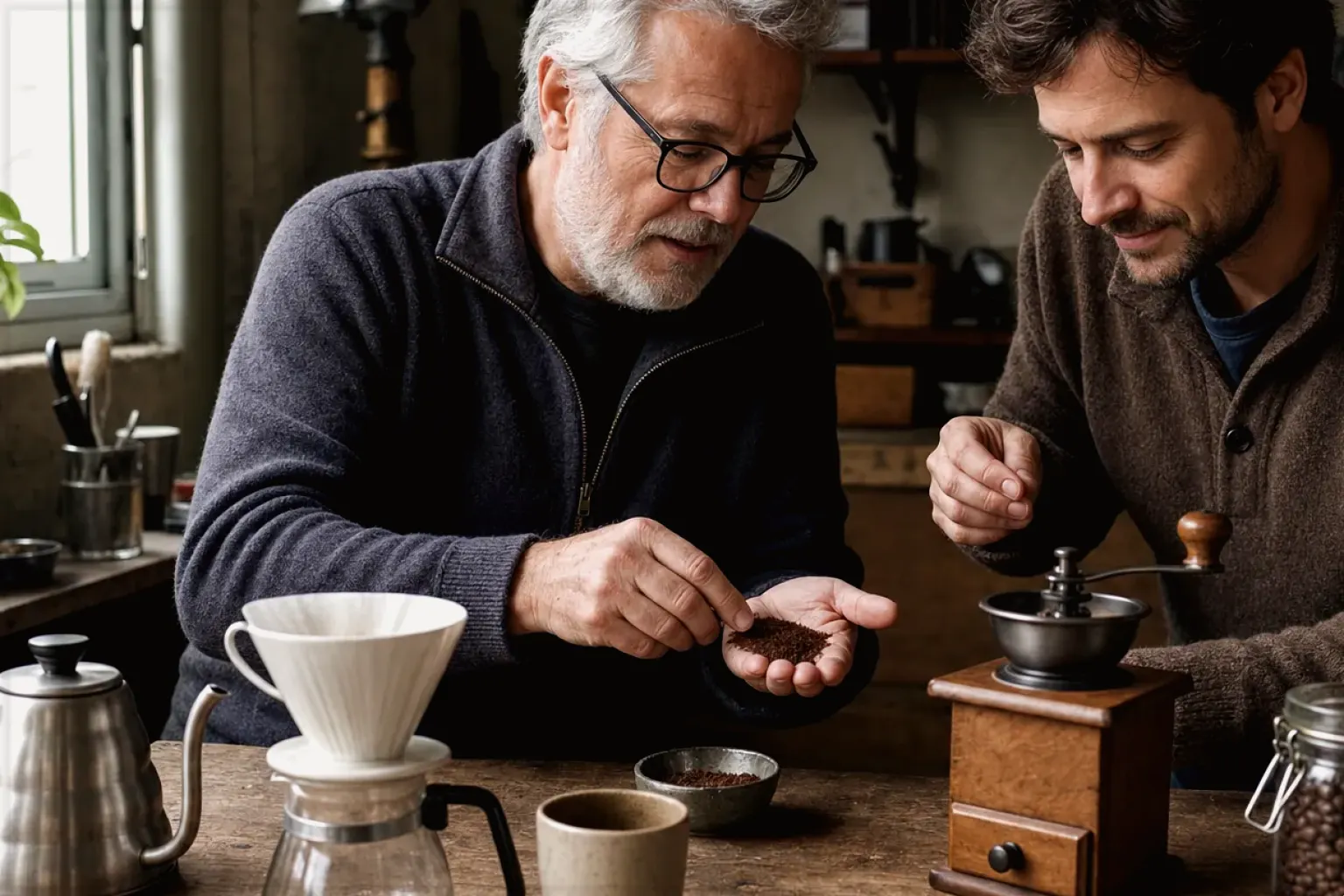 Ein erfahrener Kaffeeliebhaber erklärt einem jüngeren Erwachsenen Mahlgrad und Kaffeetextur.