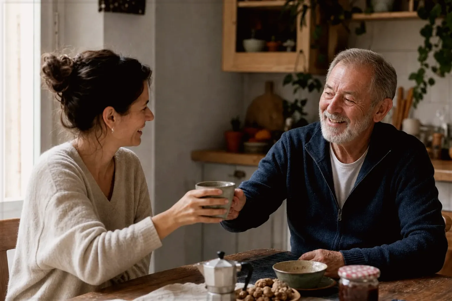 Eine erwachsene Tochter und ihr älterer Vater lachen gemeinsam beim Kaffee in ihrer bewohnten Küche – gezeigt für Philips im Markenprofil.