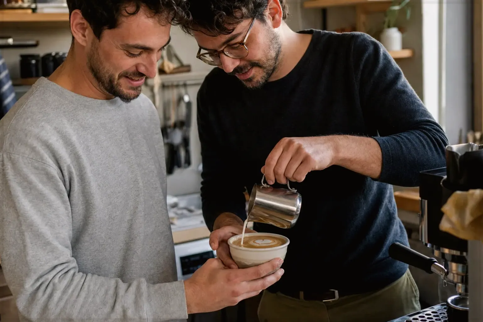 Zwei erwachsene Freunde freuen sich in einer kleinen Küche über ihre gemeinsam gegossene Latte Art – gezeigt für Philips im Markenprofil.