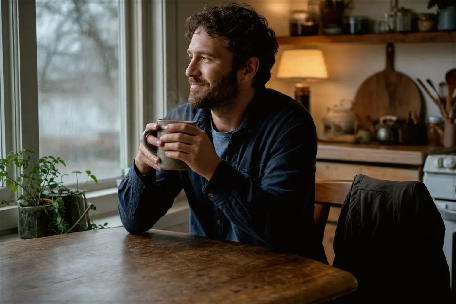 Ein Mann hält nach seinem Arbeitstag eine warme Kaffeetasse und blickt entspannt aus dem Küchenfenster – gezeigt für Philips im Markenprofil.
