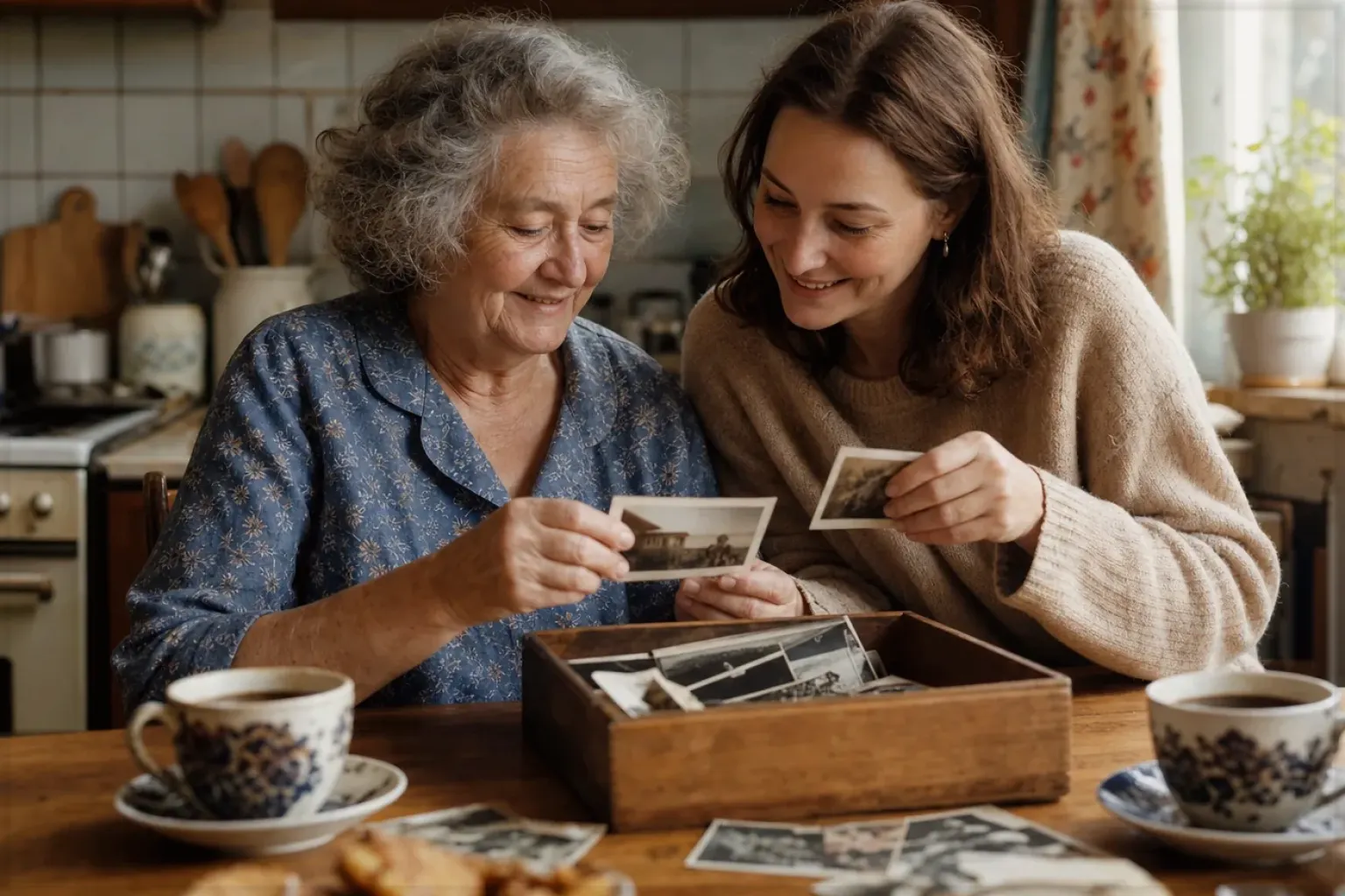 Eine ältere Frau und ihre erwachsene Enkelin betrachten bei Kaffee gemeinsam alte Familienfotos – gezeigt für Philips im Markenprofil.