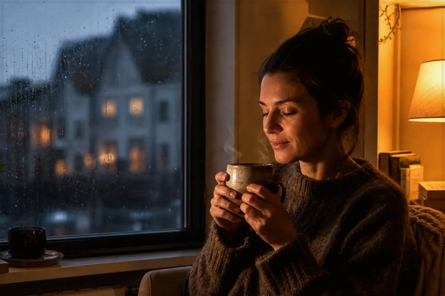 Eine Frau genießt an einem regnerischen Abend ruhig eine warme Tasse Kaffee am Fenster – gezeigt für Philips im Markenprofil.