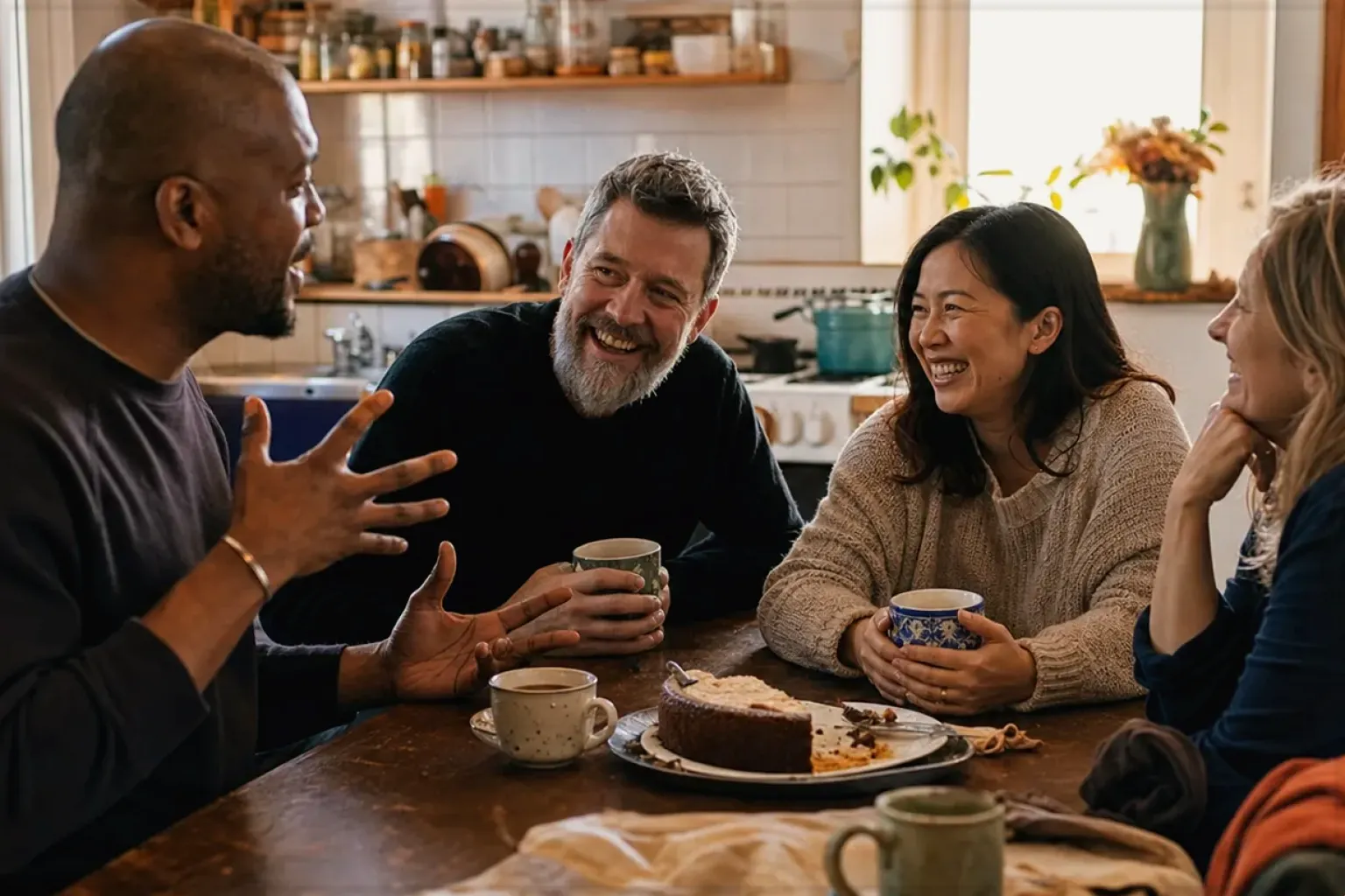 Vier erwachsene Freunde verschiedener Altersgruppen lachen gemeinsam bei Kaffee und selbst gebackenem Kuchen – gezeigt für Philips im Markenprofil.