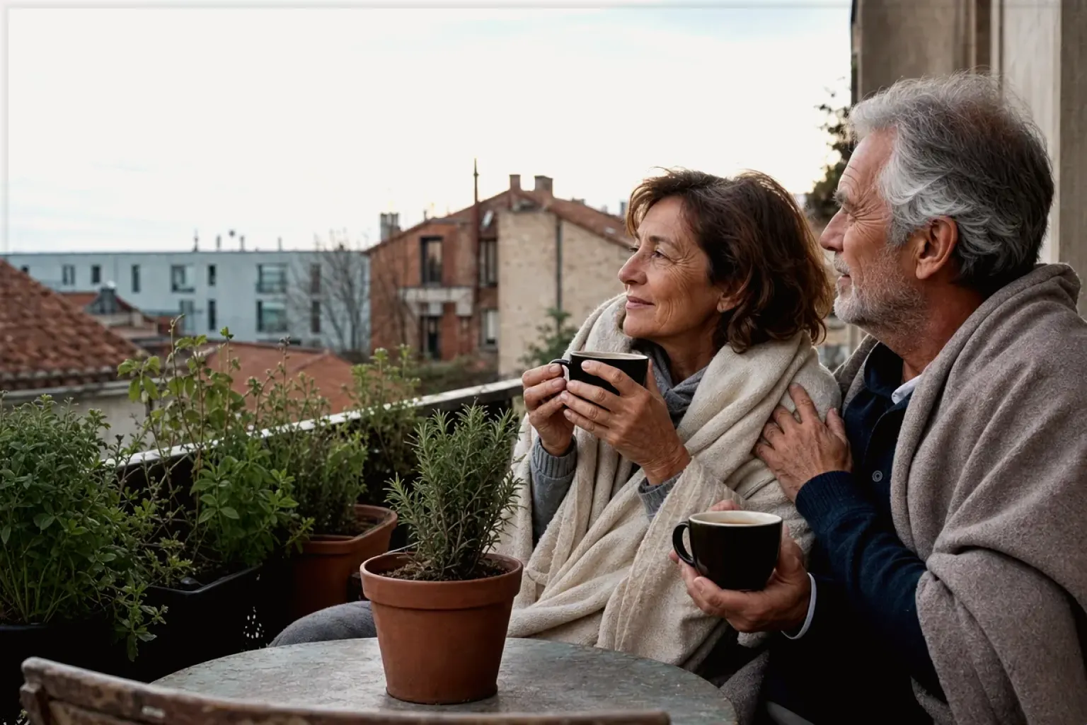 Ein älteres Paar teilt am frühen Morgen Kaffee auf einem kleinen Balkon – gezeigt für Philips im Markenprofil.