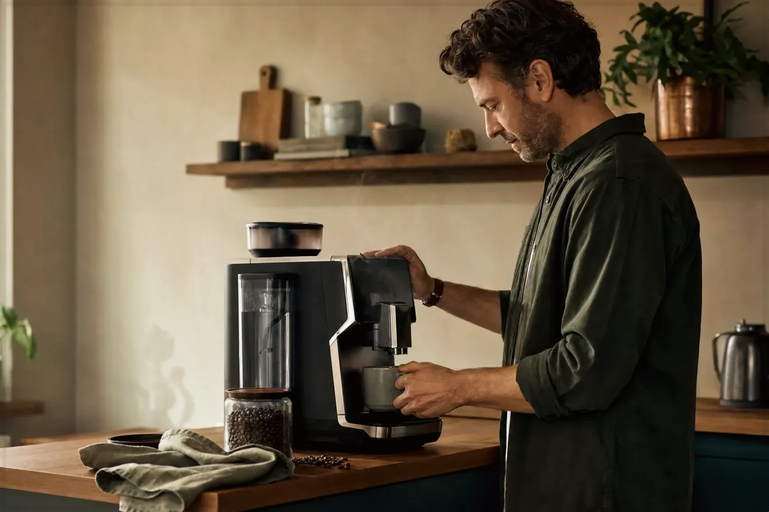 Ein Mann bereitet morgens Kaffee in seiner Küche zu – gezeigt für Philips im Markenprofil.