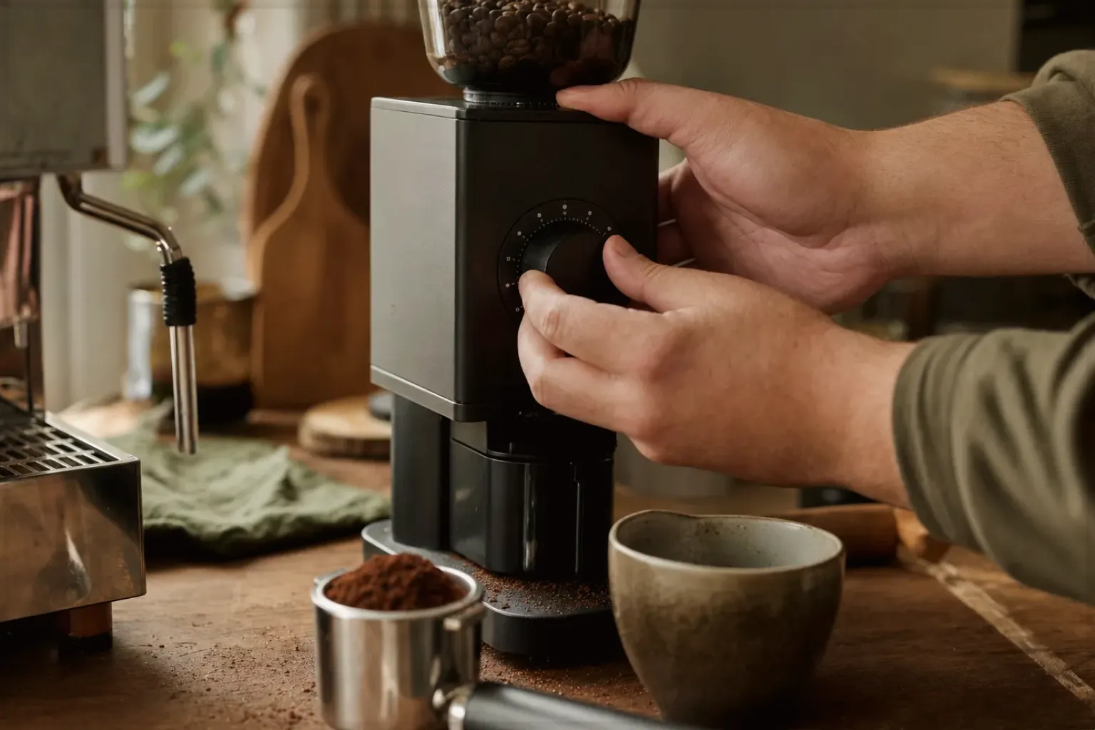 Zwei Hände stellen den Mahlgrad an einer Kaffeemühle neben einer Espressomaschine ein – gezeigt für Philips im Markenprofil.
