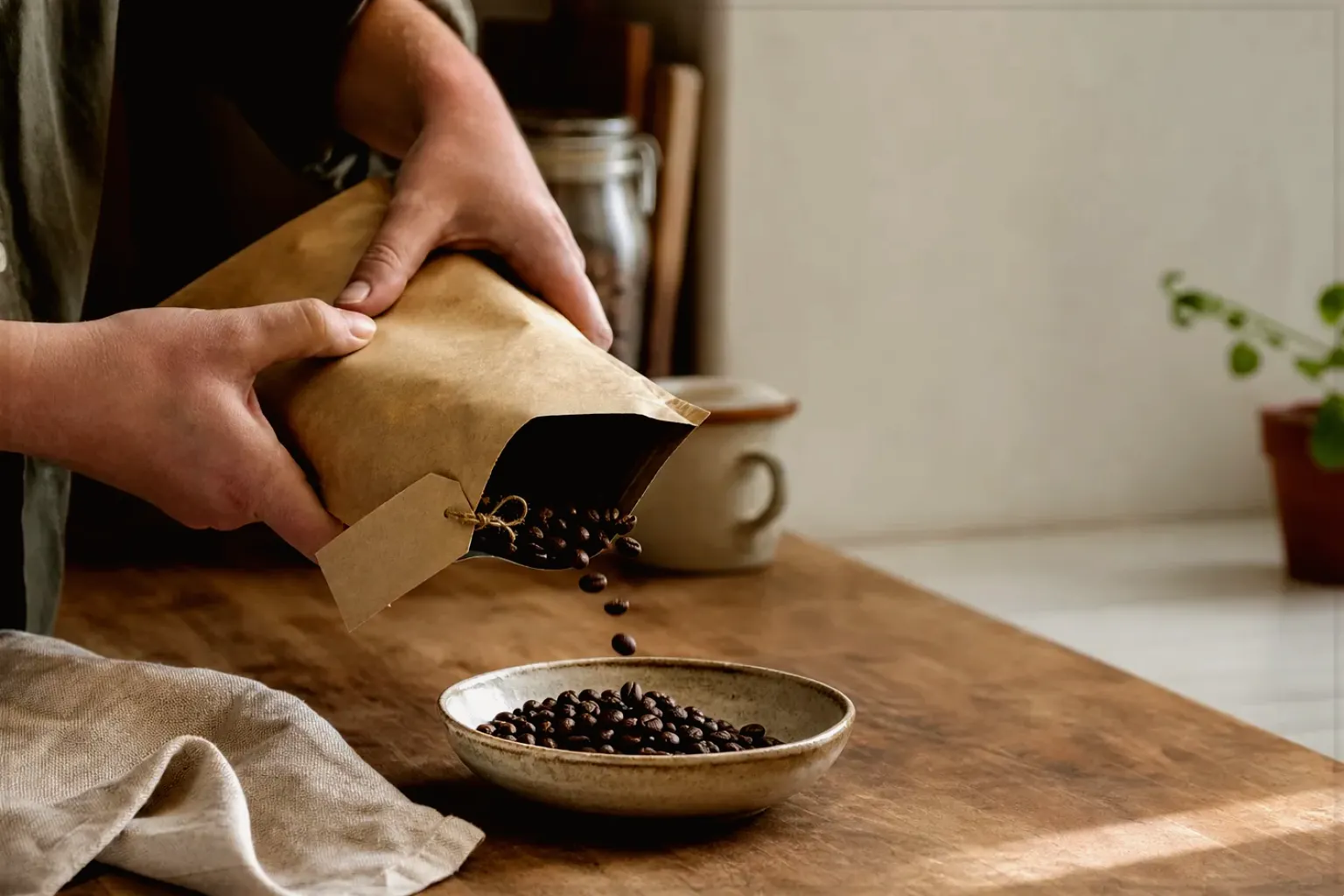 Hände füllen frisch geröstete Kaffeebohnen aus einer Papiertüte in eine Keramikschale – gezeigt für Philips im Markenprofil.