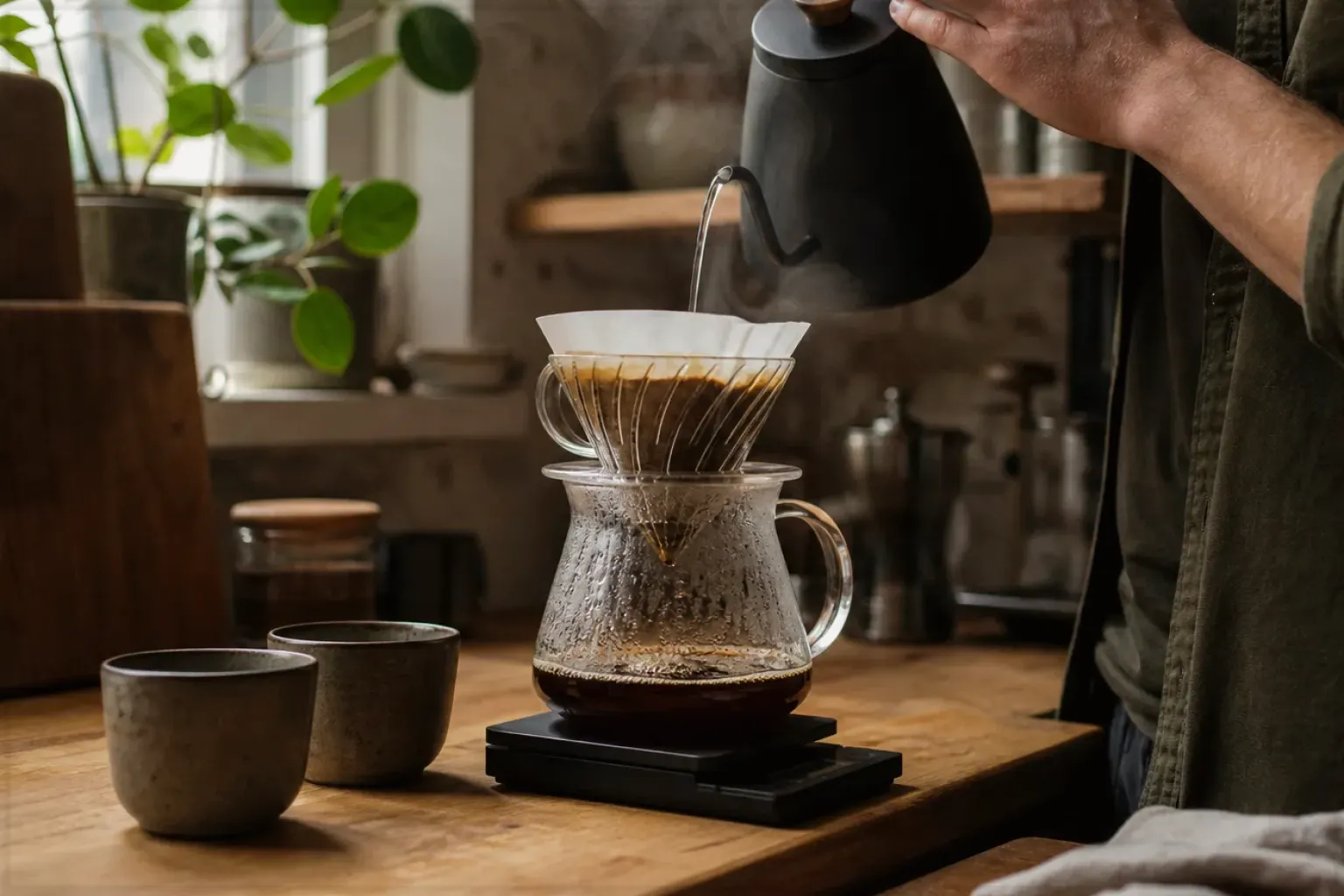 Filterkaffee wird mit einem Schwanenhalskessel von Hand in einer Küche aufgegossen – gezeigt für Philips im Markenprofil.