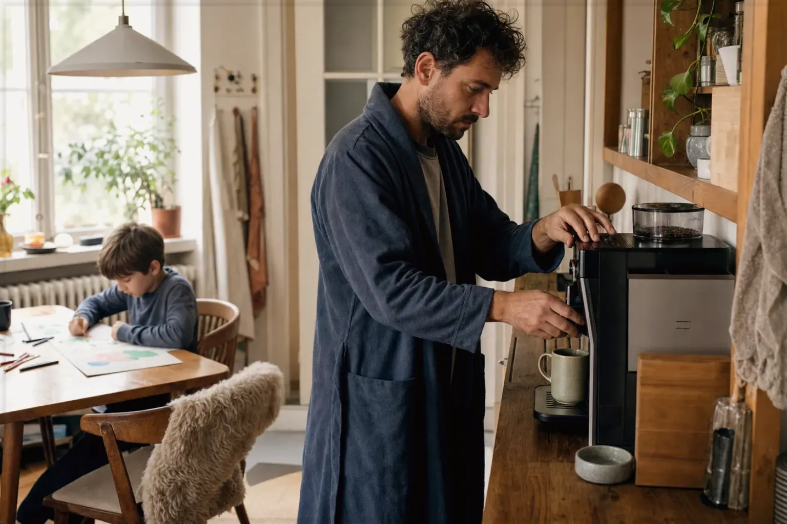 Ein Vater bereitet morgens Kaffee zu, während sein Kind am Küchentisch malt – gezeigt für Philips im Markenprofil.