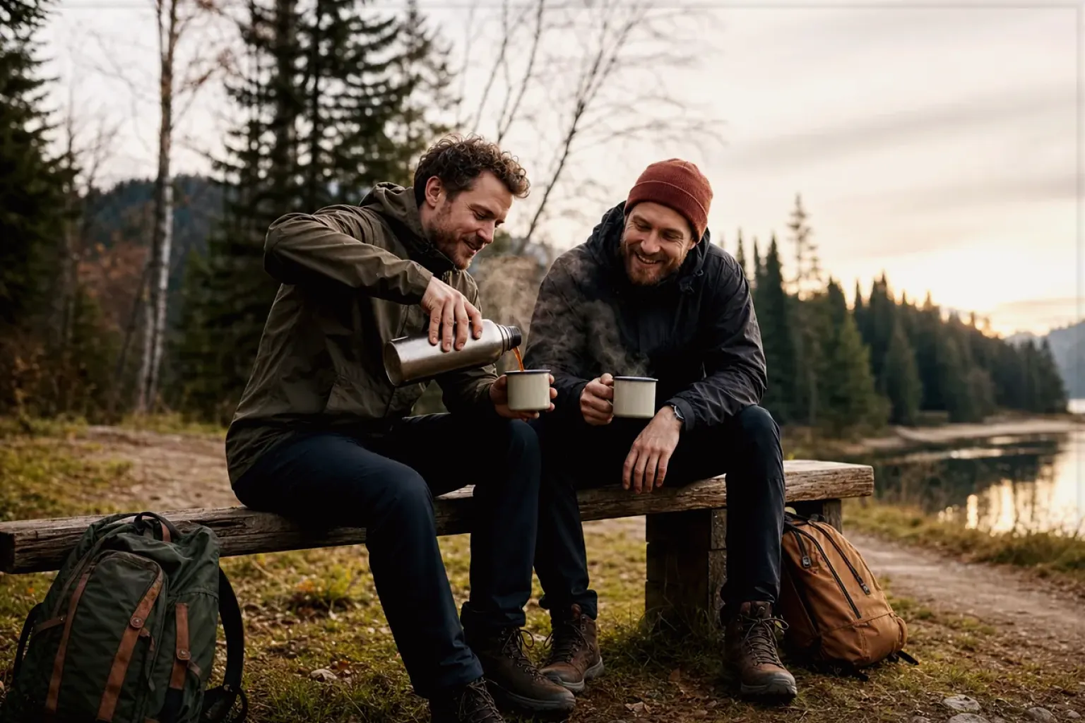 Zwei Freunde teilen auf einer Wanderung heißen Kaffee aus einer Thermoskanne am See – gezeigt für Philips im Markenprofil.