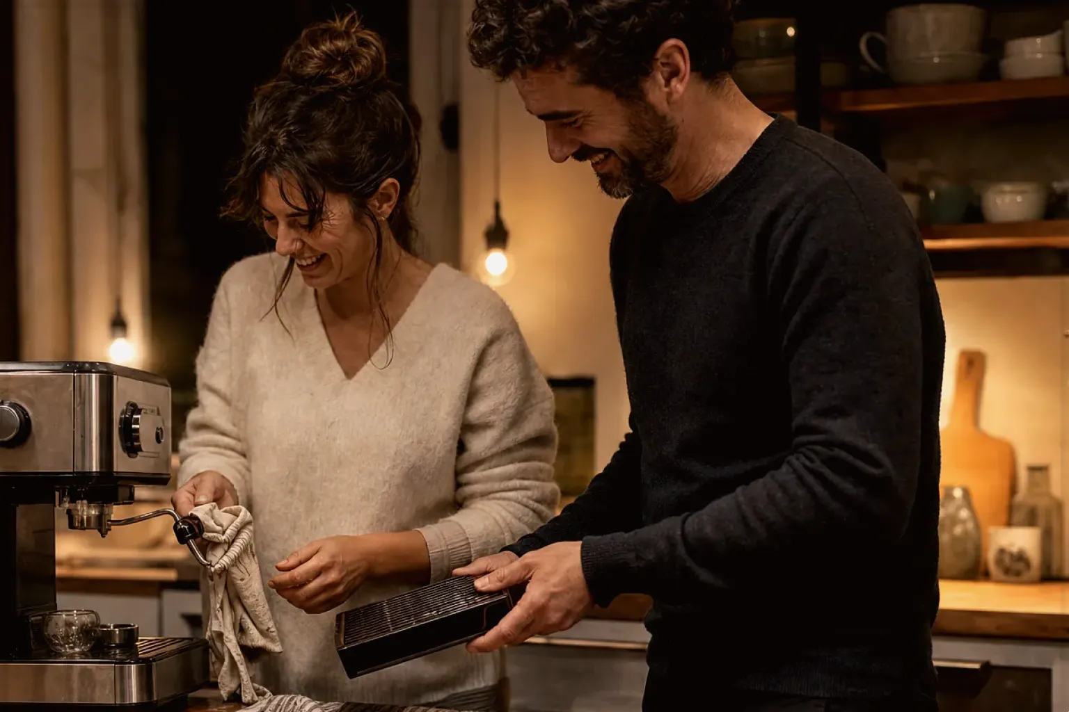 Ein Paar reinigt am Abend gemeinsam und gut gelaunt seine Espressomaschine in der Küche – gezeigt für Philips im Markenprofil.