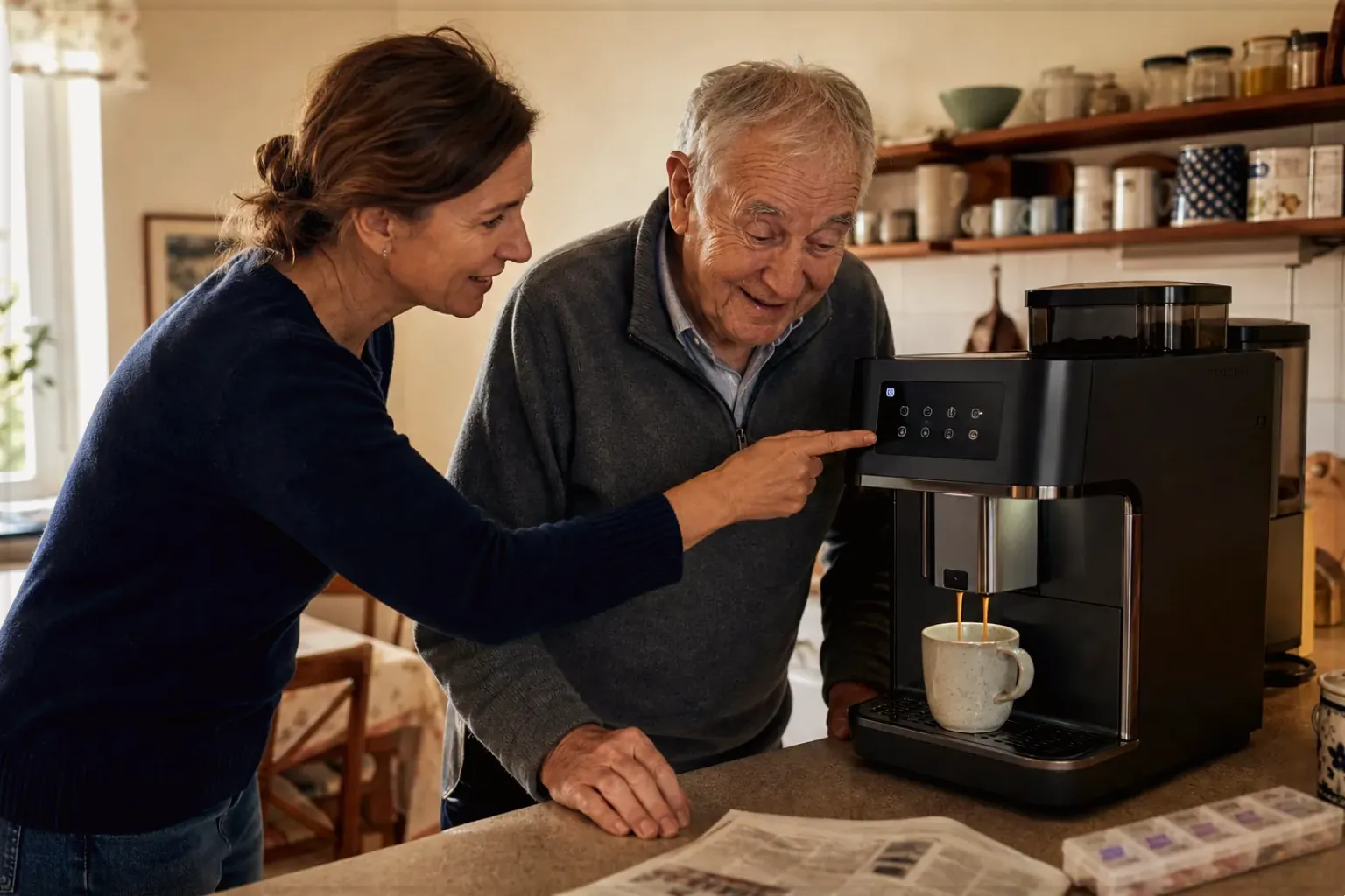 Eine erwachsene Tochter erklärt ihrem Vater verständlich die Bedienung eines Kaffeevollautomaten.