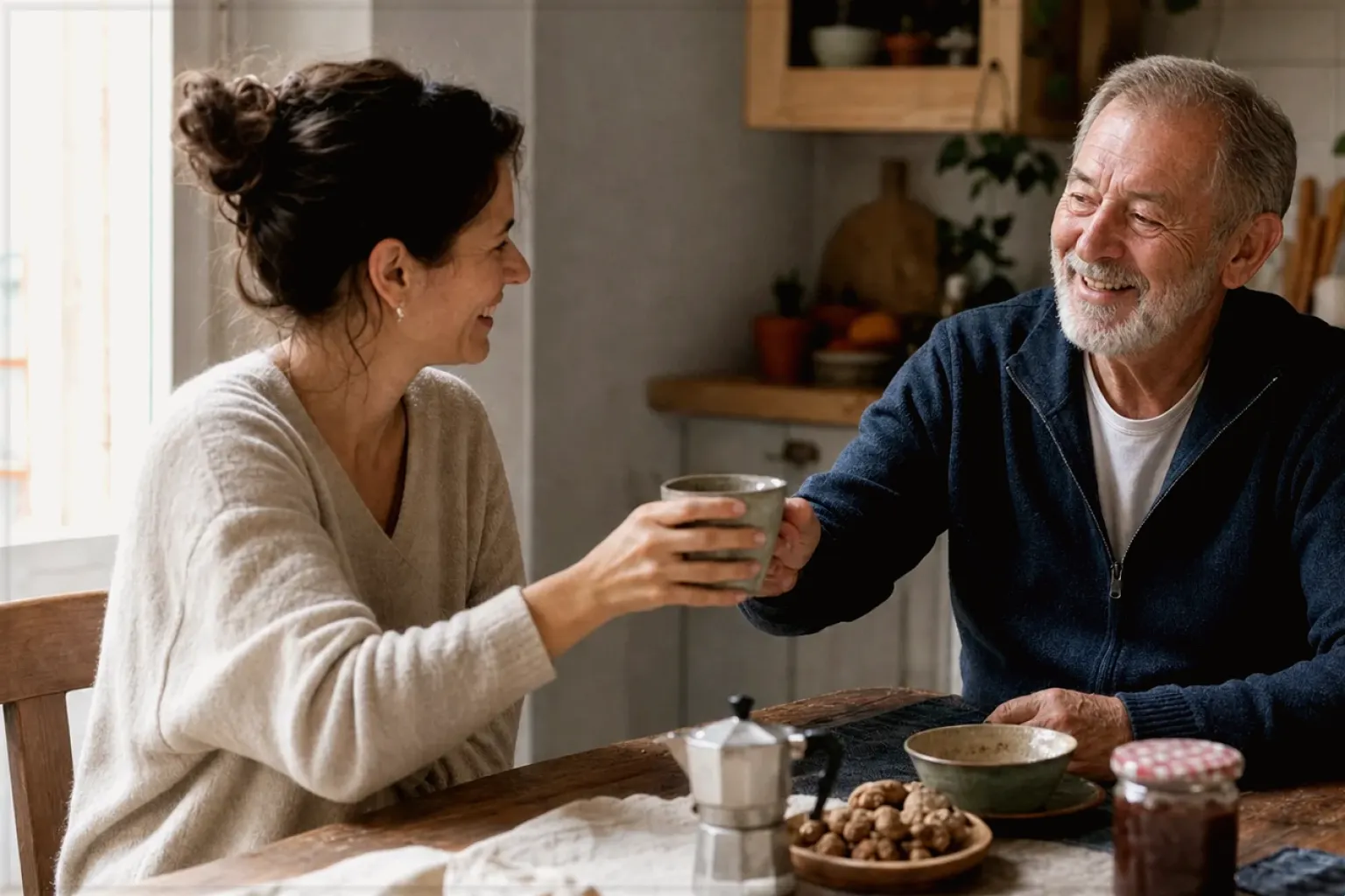 Eine erwachsene Tochter und ihr älterer Vater lachen gemeinsam beim Kaffee in ihrer bewohnten Küche – gezeigt für Sage im Markenprofil.