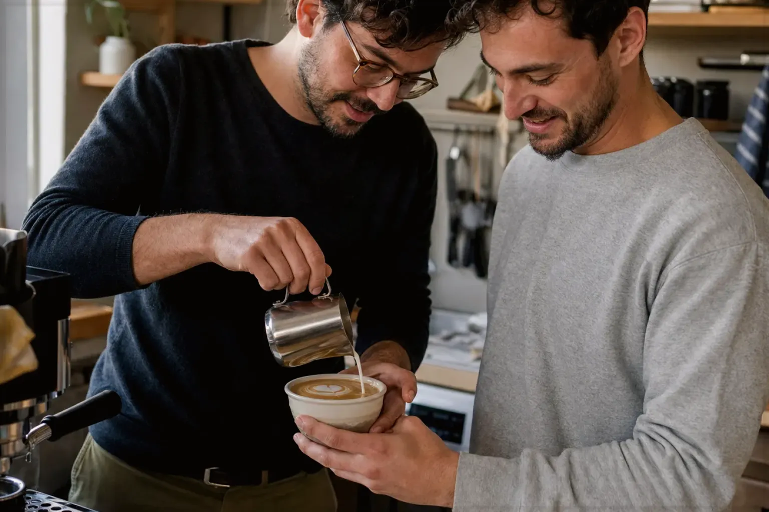 Zwei erwachsene Freunde freuen sich in einer kleinen Küche über ihre gemeinsam gegossene Latte Art – gezeigt für Sage im Markenprofil.