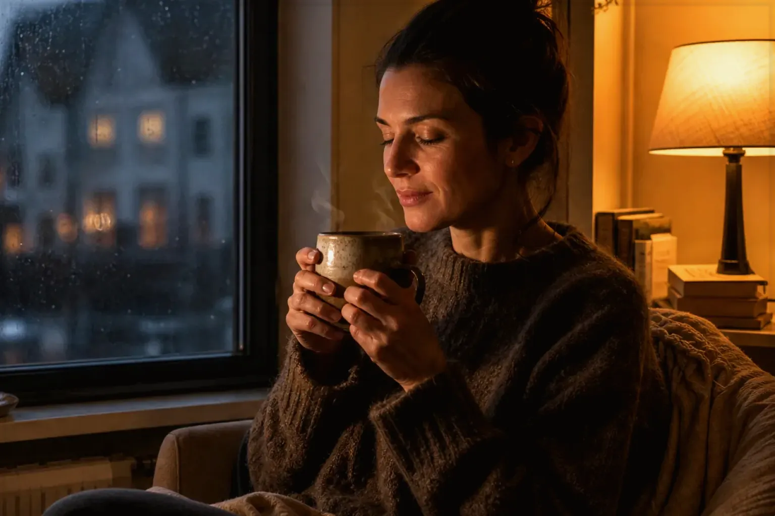 Eine Frau genießt an einem regnerischen Abend ruhig eine warme Tasse Kaffee am Fenster – gezeigt für Sage im Markenprofil.