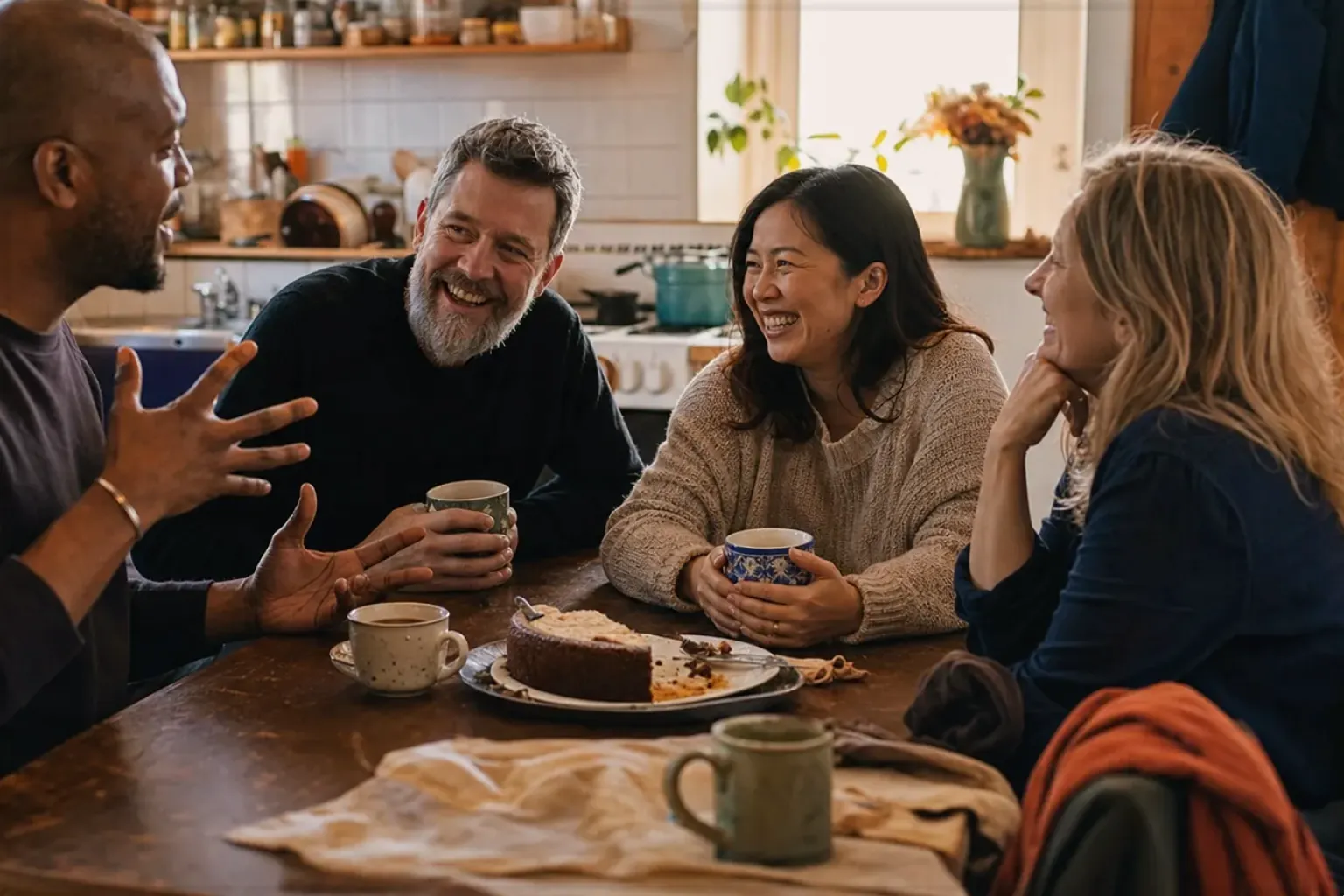 Vier erwachsene Freunde verschiedener Altersgruppen lachen gemeinsam bei Kaffee und selbst gebackenem Kuchen – gezeigt für Sage im Markenprofil.