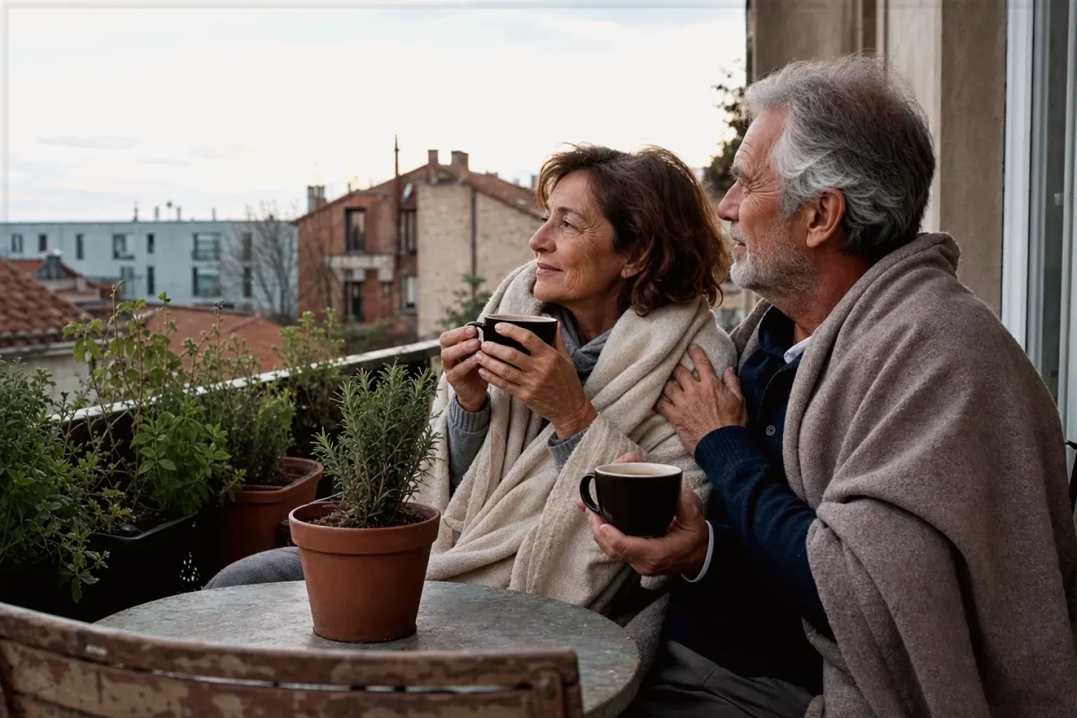 Ein älteres Paar teilt am frühen Morgen Kaffee auf einem kleinen Balkon – gezeigt für Sage im Markenprofil.