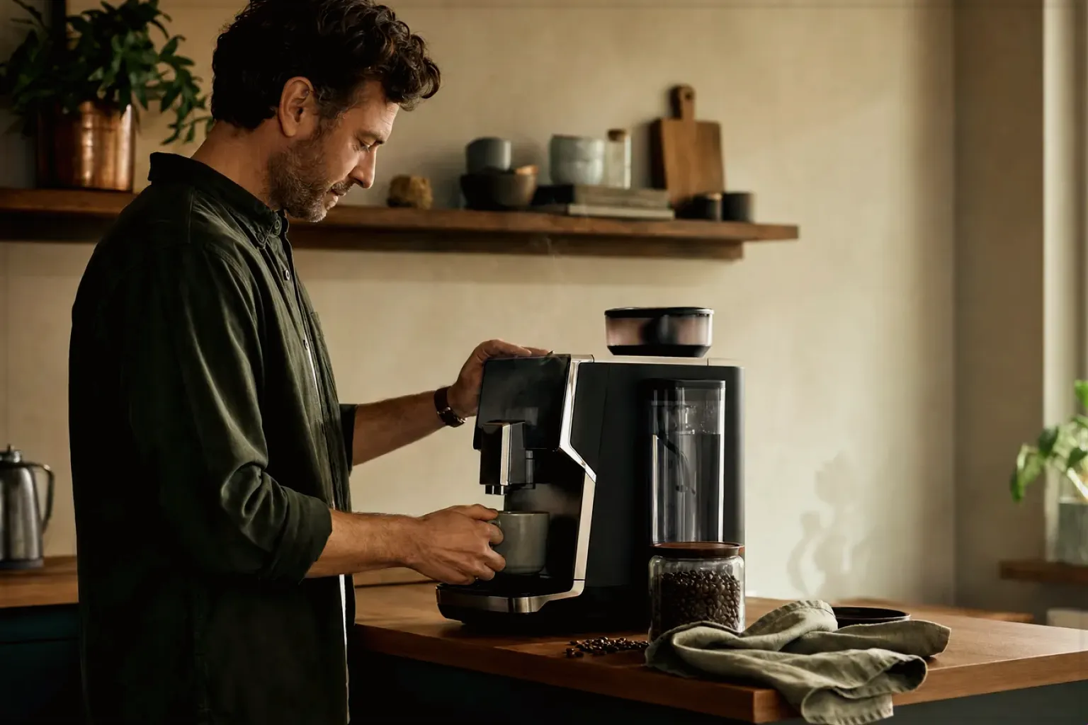Ein Mann bereitet morgens Kaffee in seiner Küche zu – gezeigt für Sage im Markenprofil.