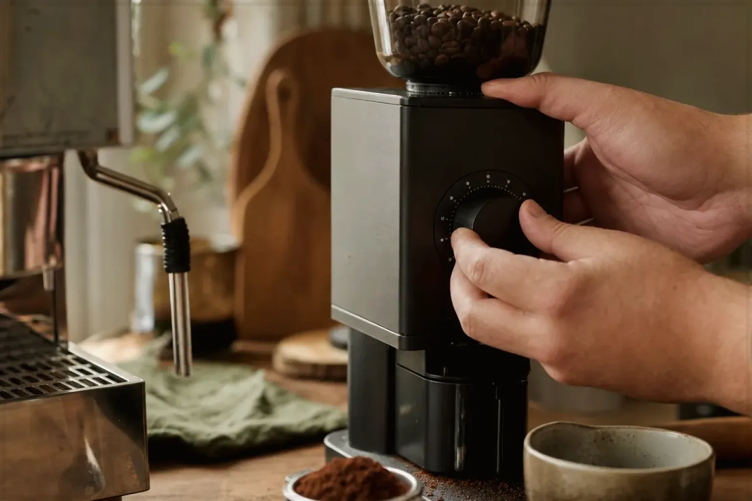 Zwei Hände stellen den Mahlgrad an einer Kaffeemühle neben einer Espressomaschine ein – gezeigt für Sage im Markenprofil.