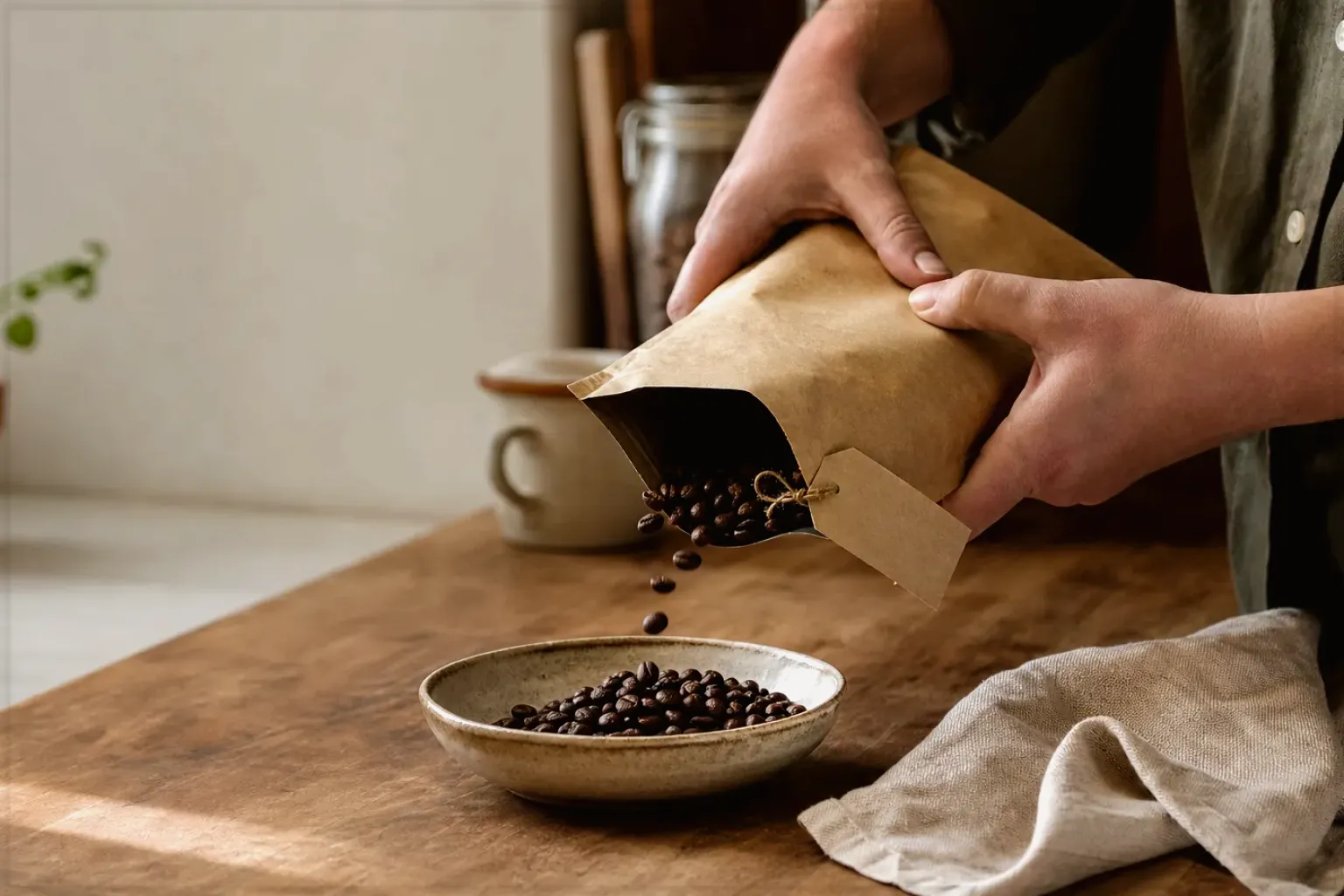 Hände füllen frisch geröstete Kaffeebohnen aus einer Papiertüte in eine Keramikschale – gezeigt für Sage im Markenprofil.