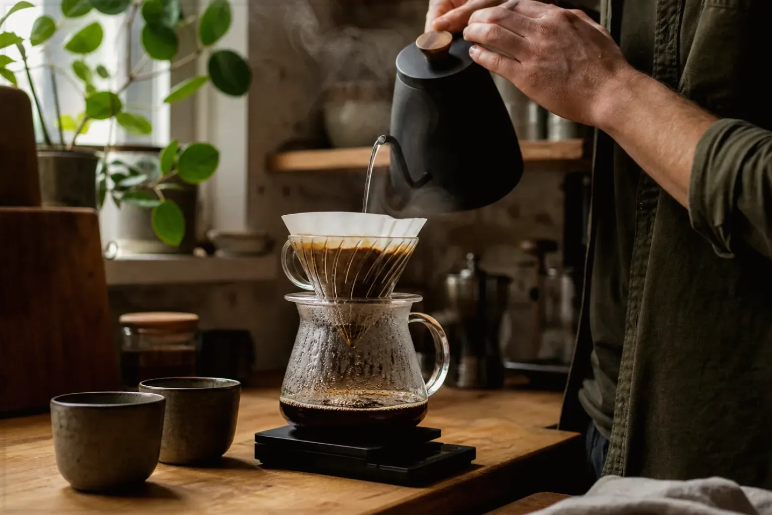 Filterkaffee wird mit einem Schwanenhalskessel von Hand in einer Küche aufgegossen – gezeigt für Sage im Markenprofil.