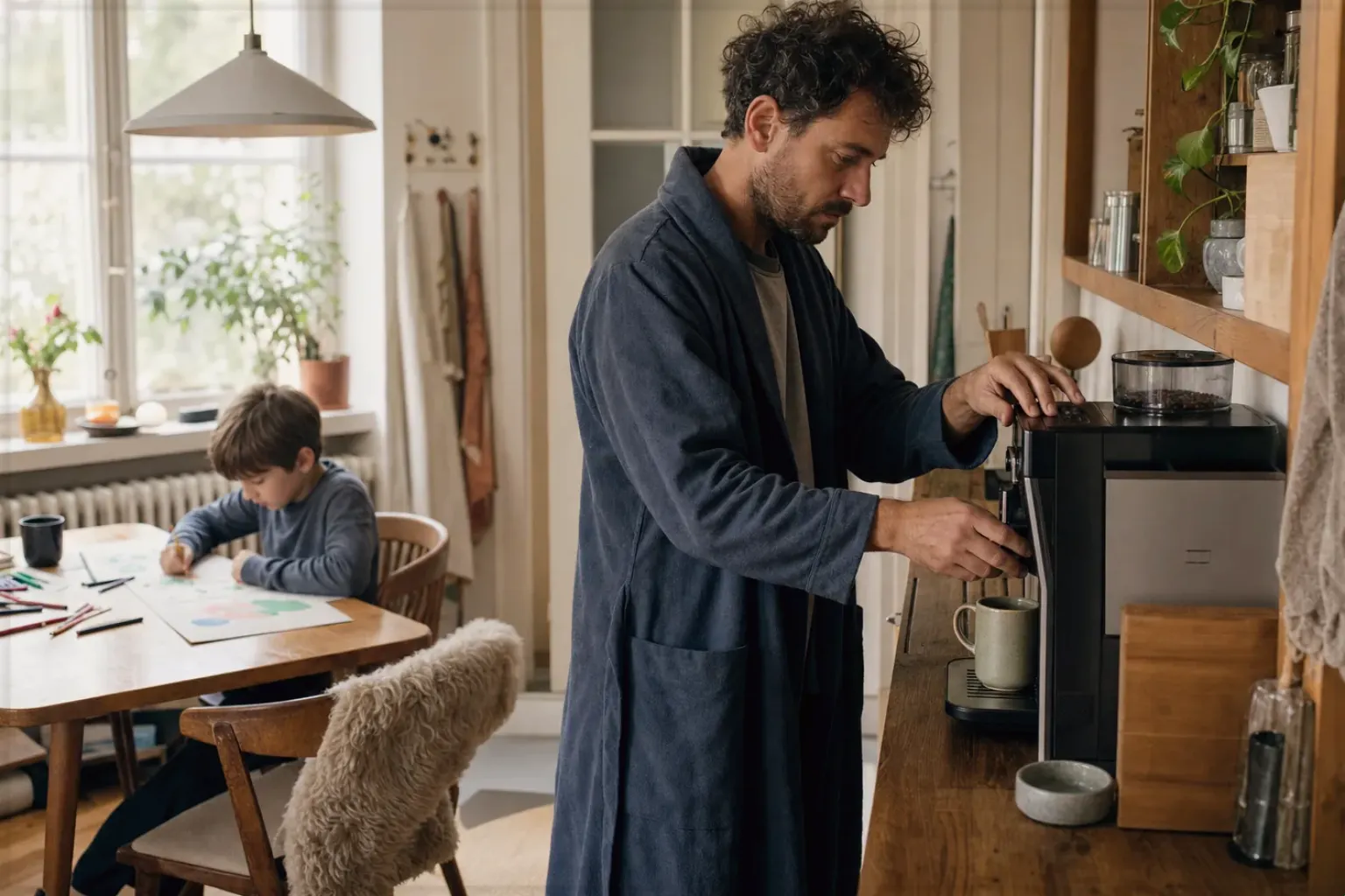 Ein Vater bereitet morgens Kaffee zu, während sein Kind am Küchentisch malt – gezeigt für Sage im Markenprofil.