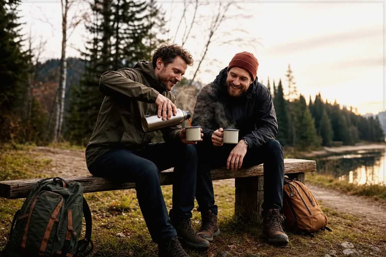 Zwei Freunde teilen auf einer Wanderung heißen Kaffee aus einer Thermoskanne am See – gezeigt für Sage im Markenprofil.