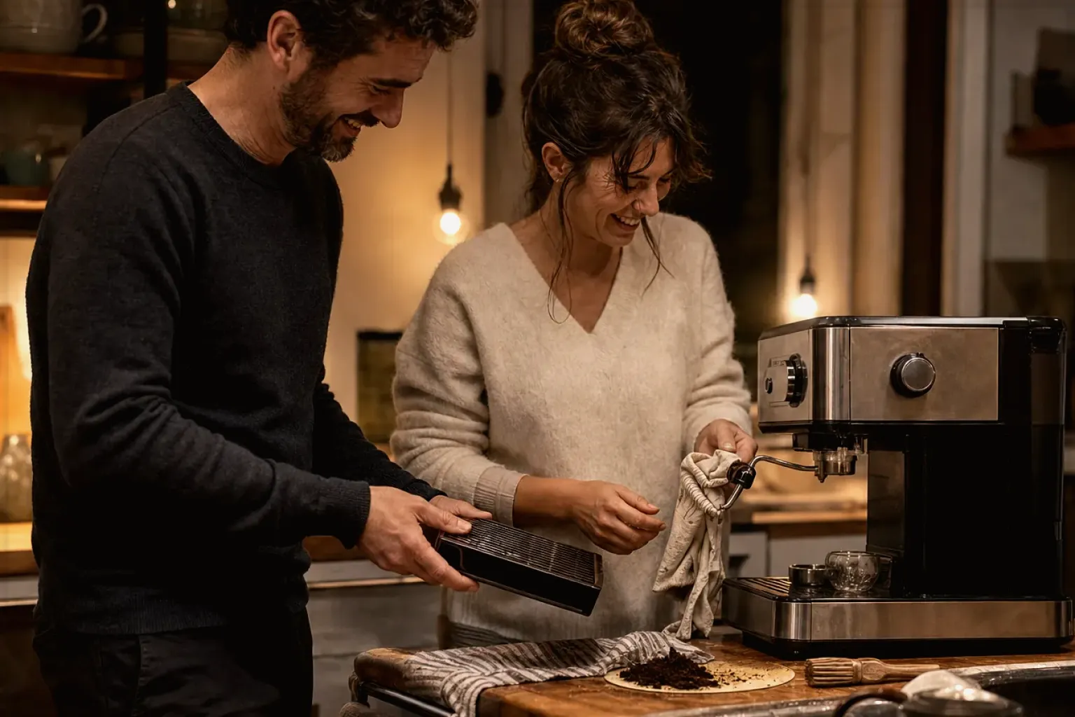Ein Paar reinigt am Abend gemeinsam und gut gelaunt seine Espressomaschine in der Küche – gezeigt für Sage im Markenprofil.