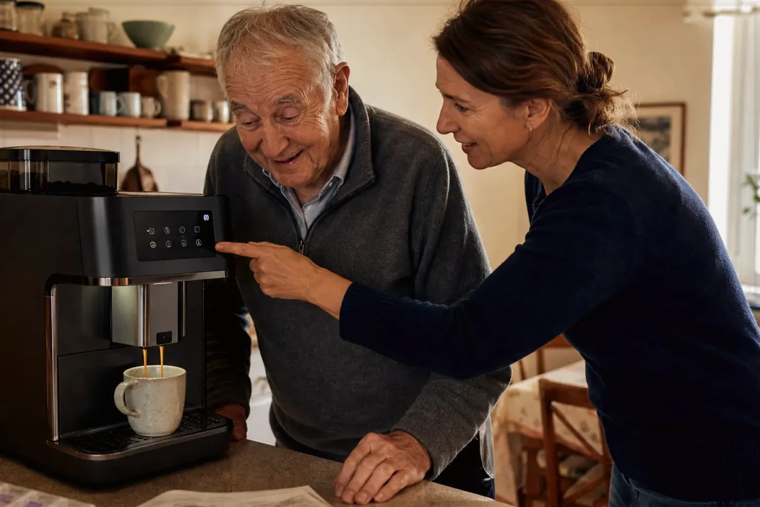 Eine erwachsene Tochter erklärt ihrem Vater verständlich die Bedienung eines Kaffeevollautomaten.