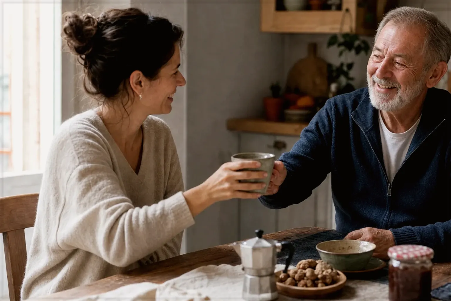 Eine erwachsene Tochter und ihr älterer Vater lachen gemeinsam beim Kaffee in ihrer bewohnten Küche – gezeigt für Siemens im Markenprofil.