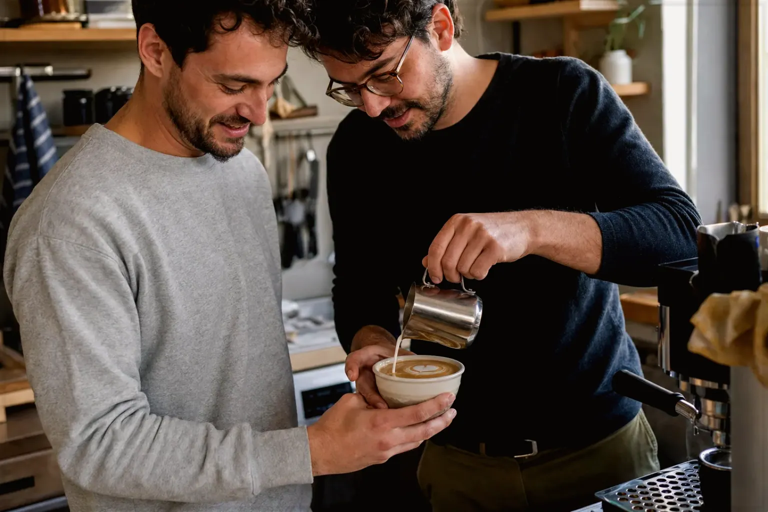 Zwei erwachsene Freunde freuen sich in einer kleinen Küche über ihre gemeinsam gegossene Latte Art – gezeigt für Siemens im Markenprofil.