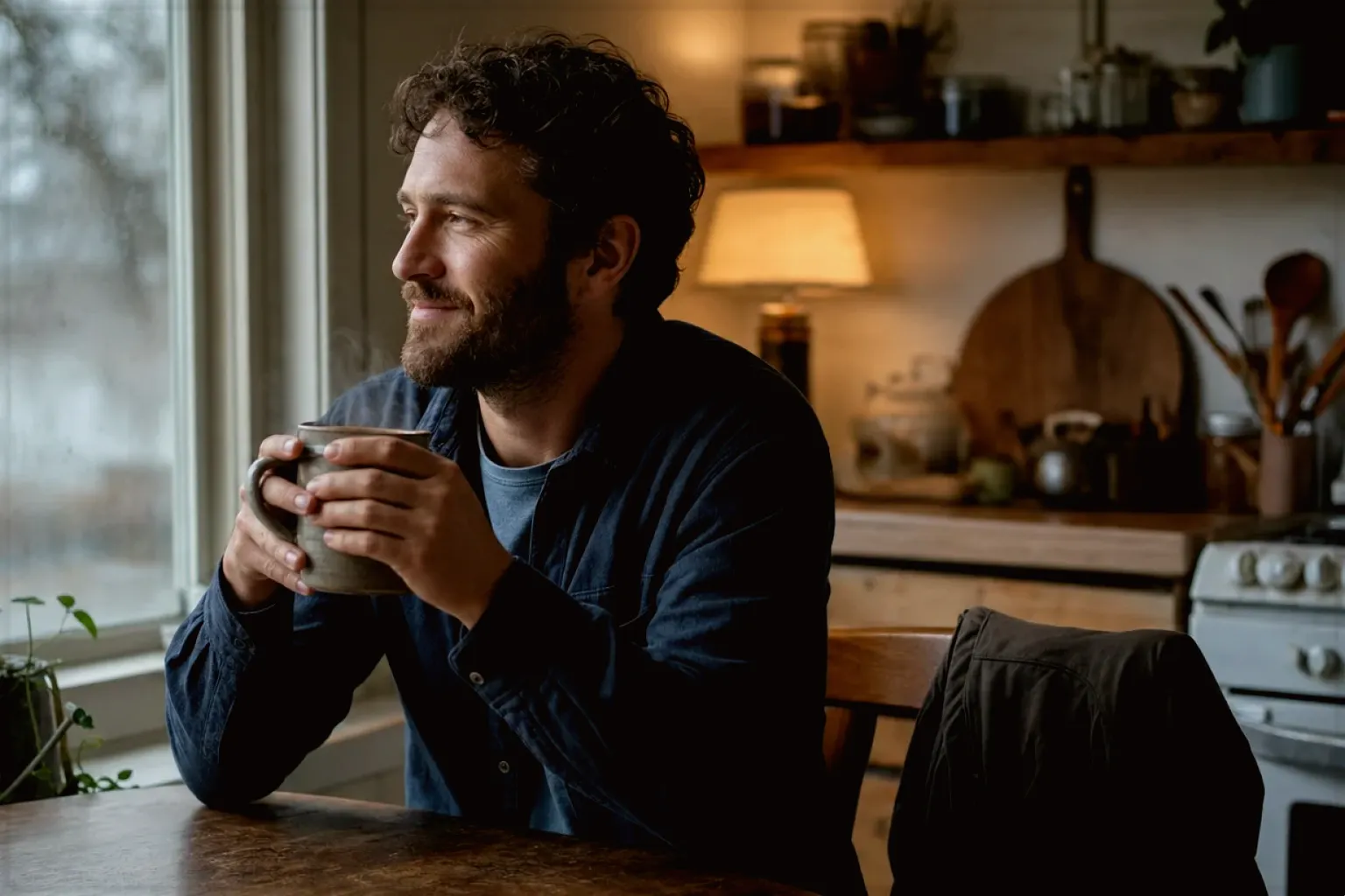 Ein Mann hält nach seinem Arbeitstag eine warme Kaffeetasse und blickt entspannt aus dem Küchenfenster – gezeigt für Siemens im Markenprofil.