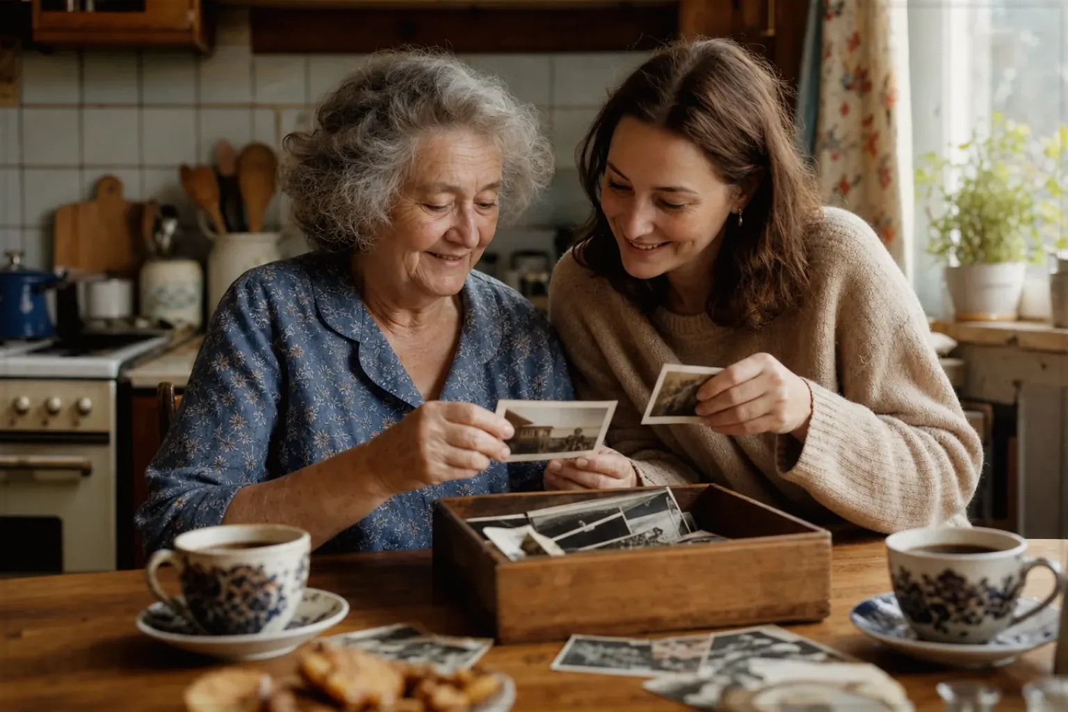 Eine ältere Frau und ihre erwachsene Enkelin betrachten bei Kaffee gemeinsam alte Familienfotos – gezeigt für Siemens im Markenprofil.